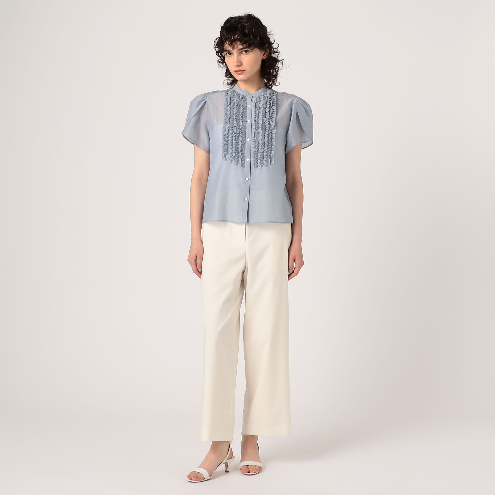 コットンシルクシャンブレー ペタルスリーブブラウス