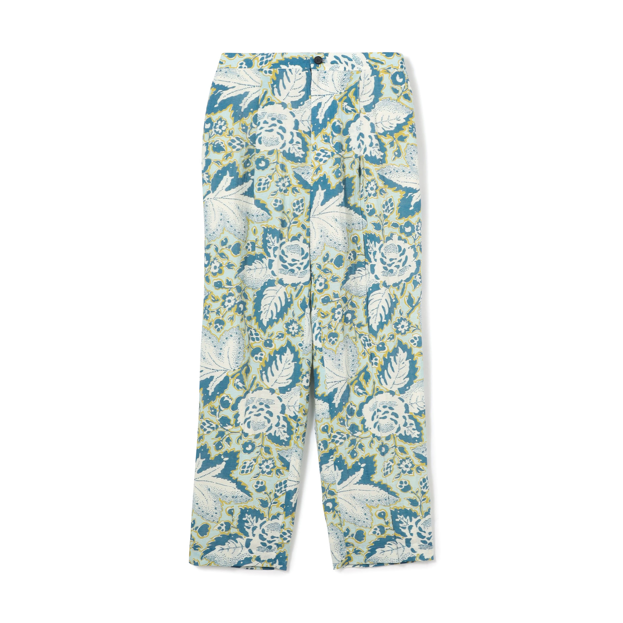 トリアセテートポリエステルリネンプリント タックテーパードパンツ