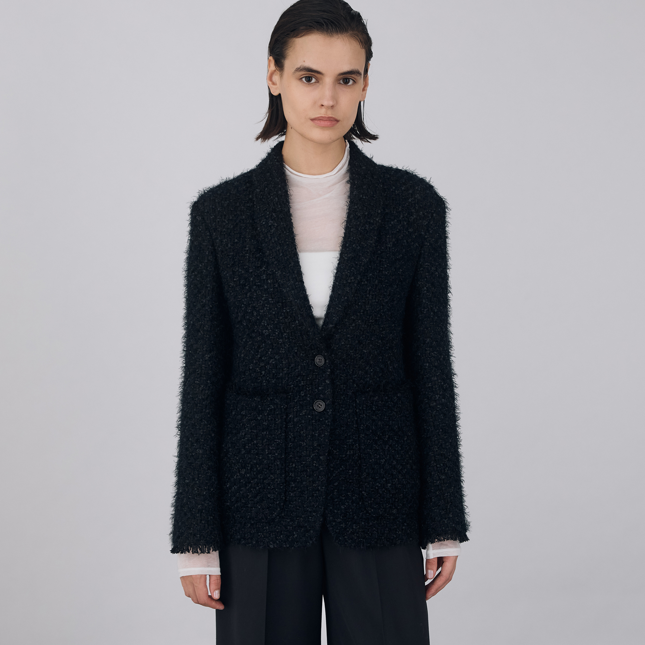 ヘアリーループツイード ショールカラージャケット｜トゥモローランド