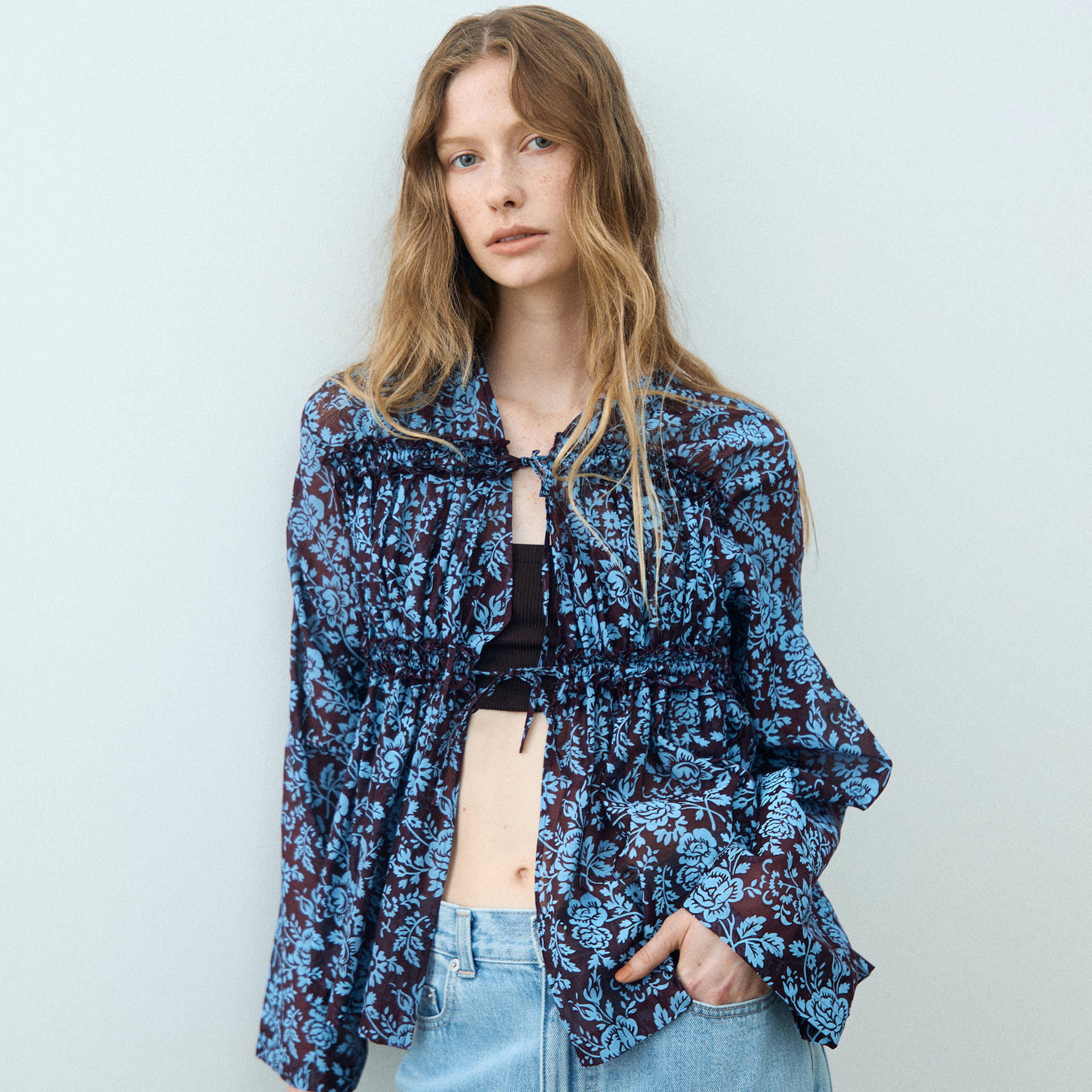 セルロースポリエステルプリント ギャザーブラウス