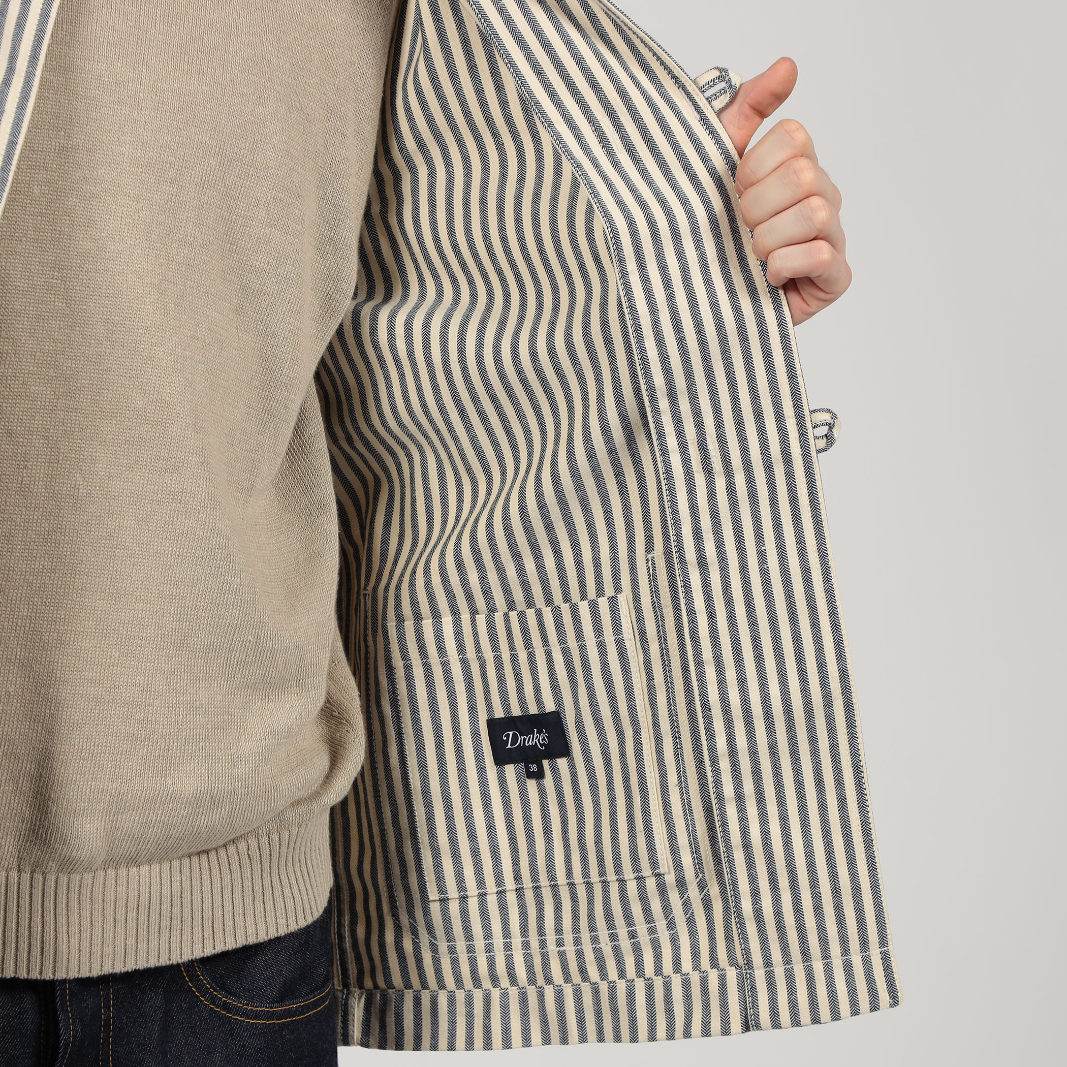 Drake's ブルー＆エクリュストライプ コットンリネン デッキチョア