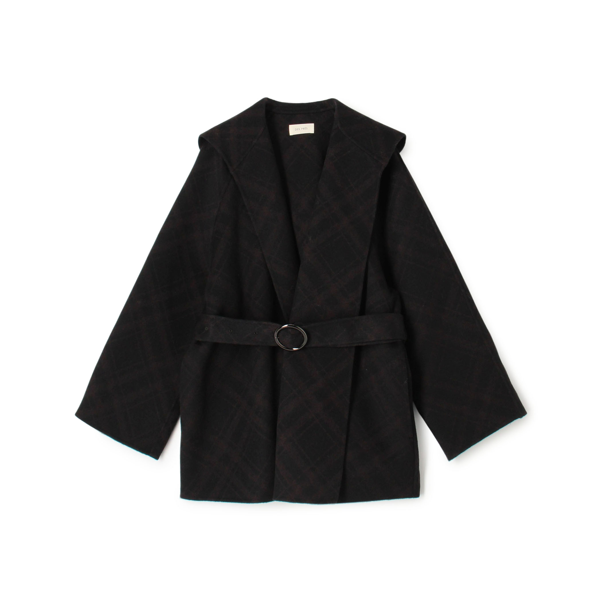 ダブルフェイスチェックジャガード フーディーミディコート