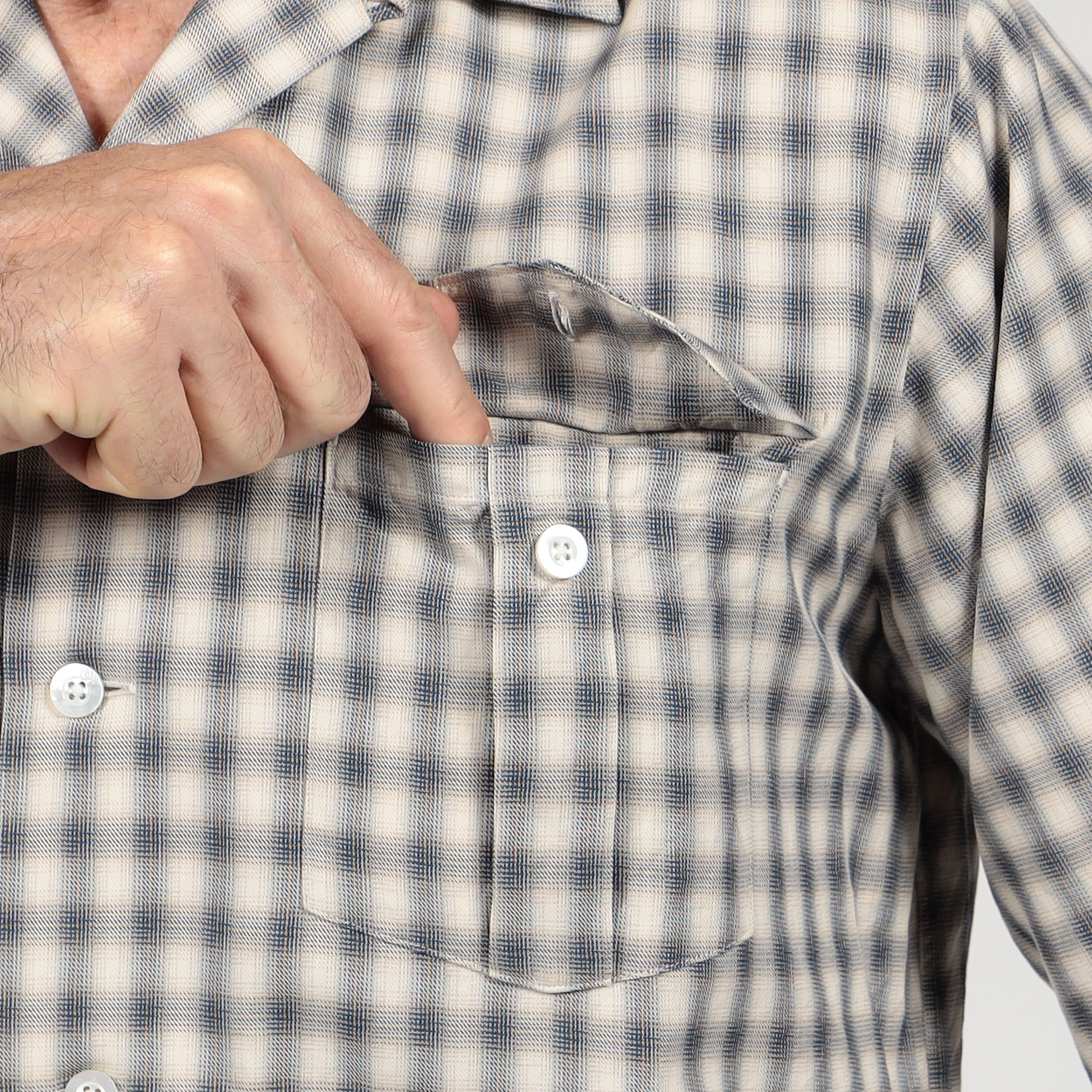 コットンオンブレーチェック ダブルポケットオープンカラーシャツ