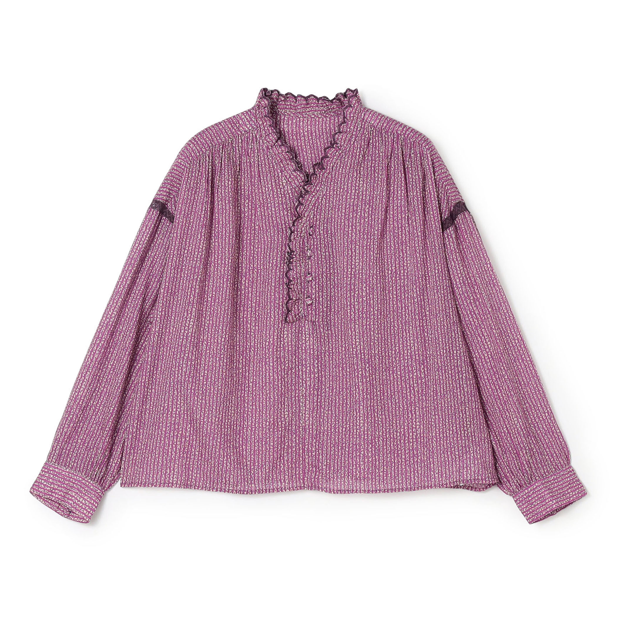 コットンレーヨンプリント スタンドフリルブラウス