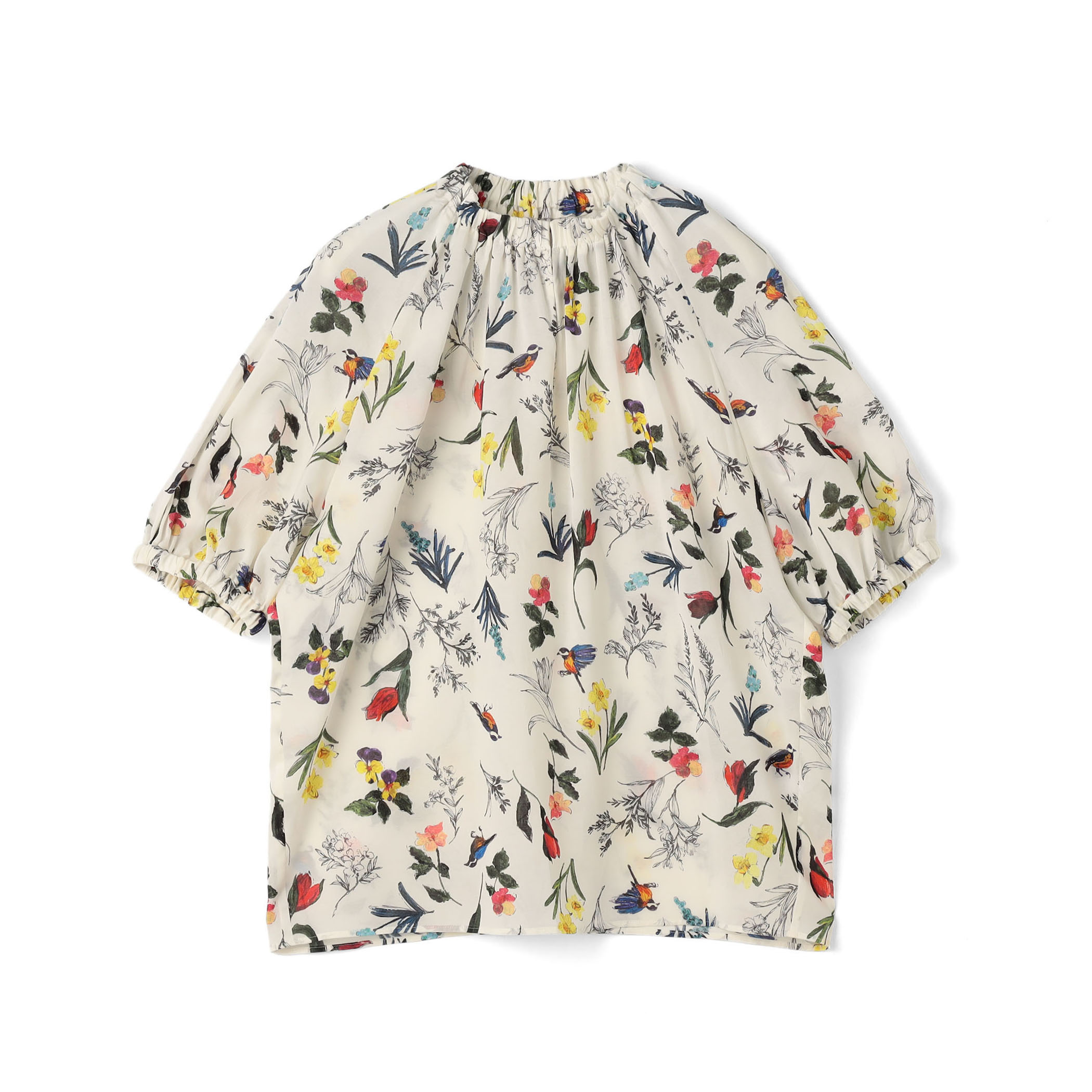 ウィングフラワープリント ネックギャザーブラウス