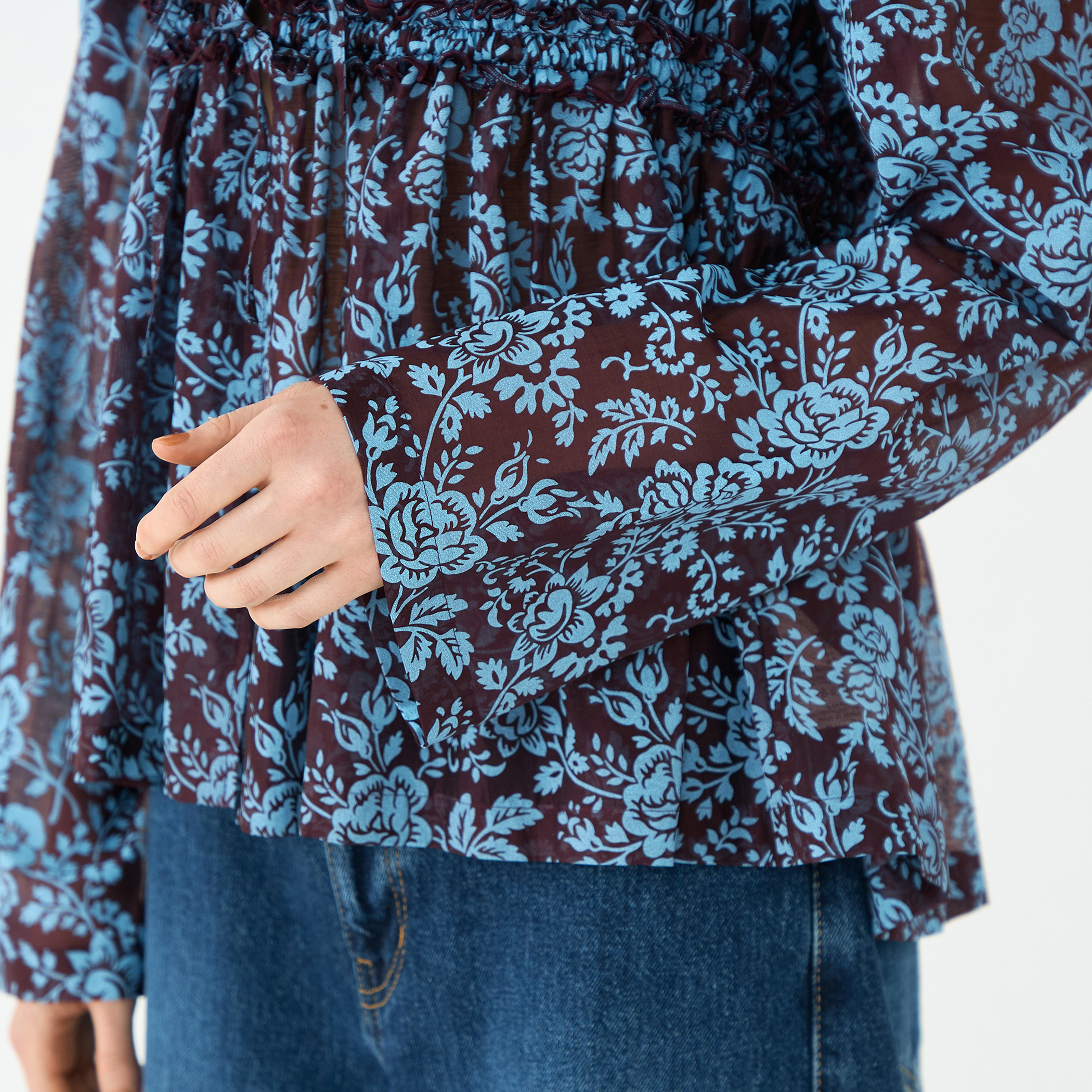 セルロースポリエステルプリント ギャザーブラウス