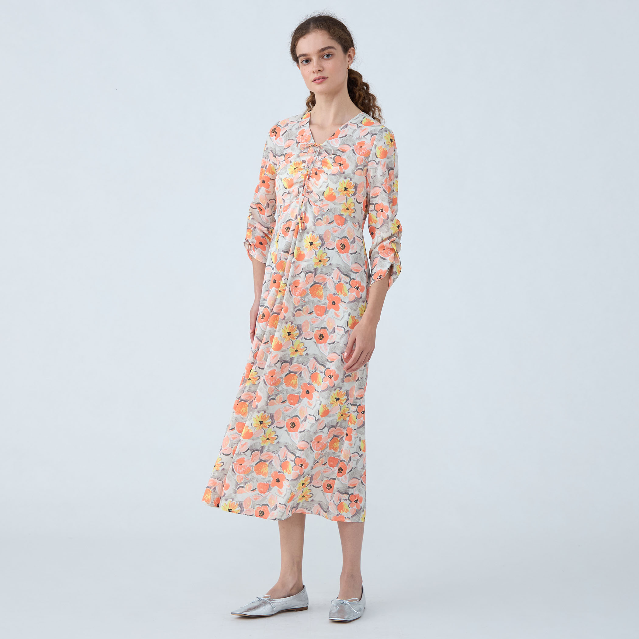 □スプリングフラワープリント ドロストギャザーワンピース