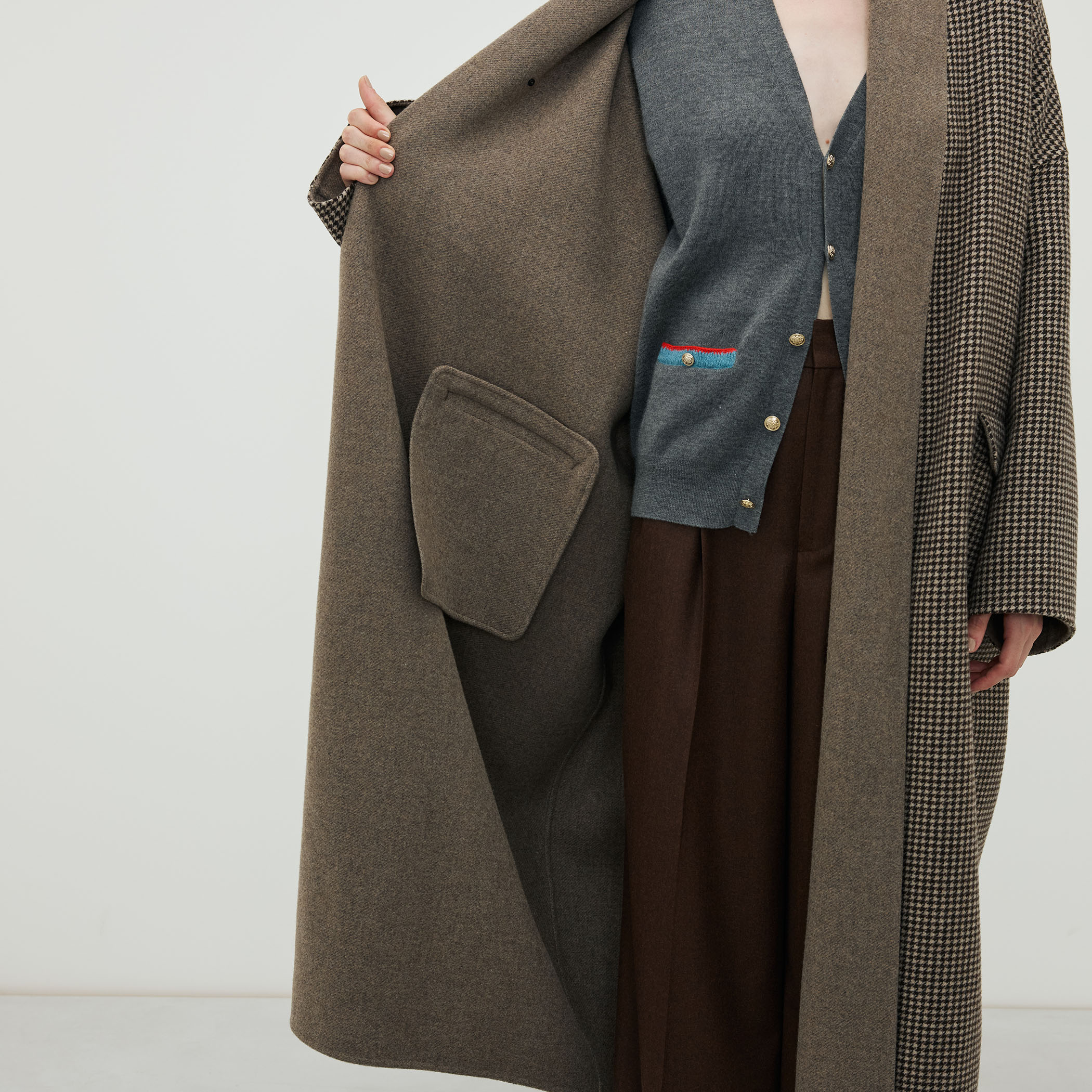 ウールカシミヤダブルフェイス ハウンドトゥースロングコート