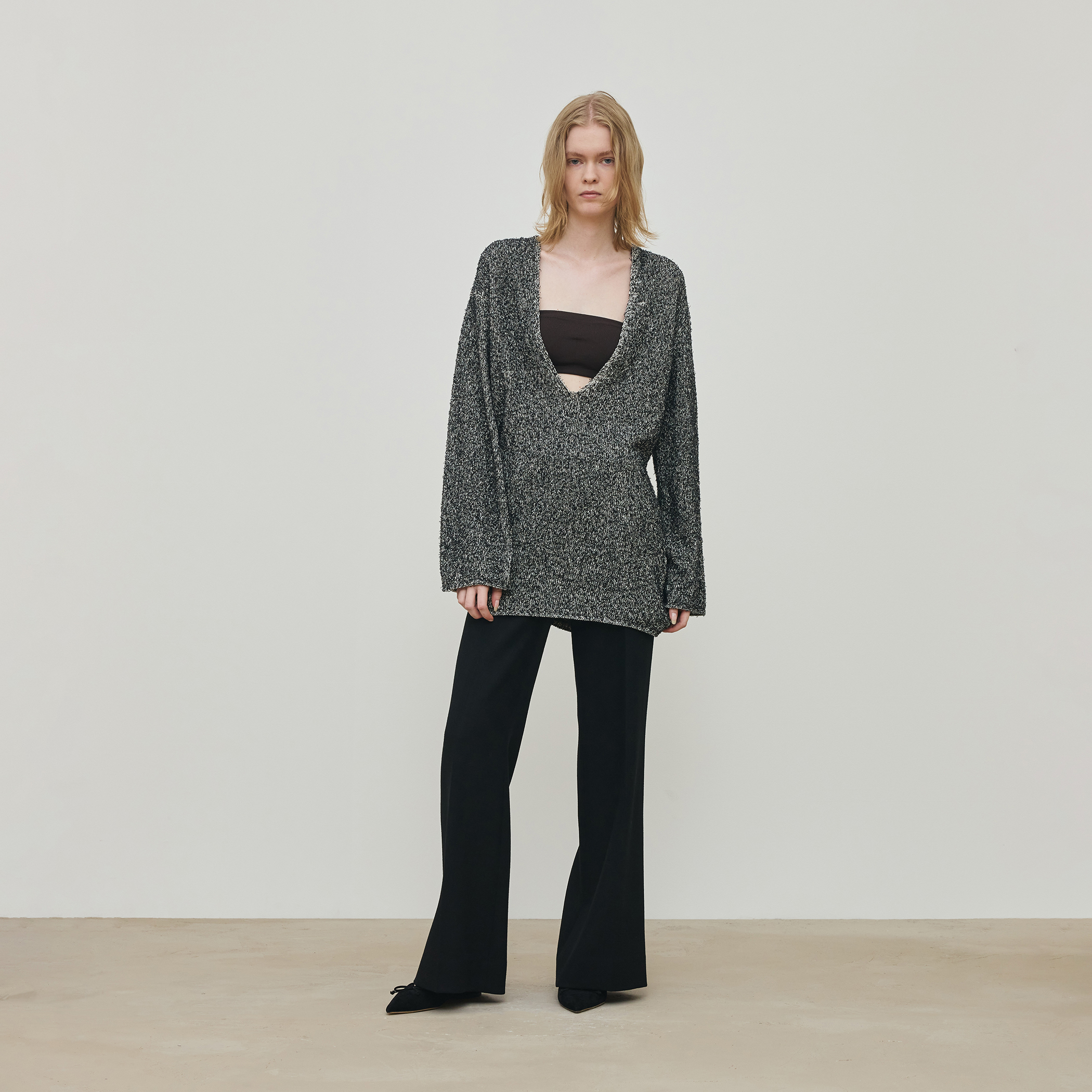 カード×カールヤーンニット Vネックチュニックプルオーバー