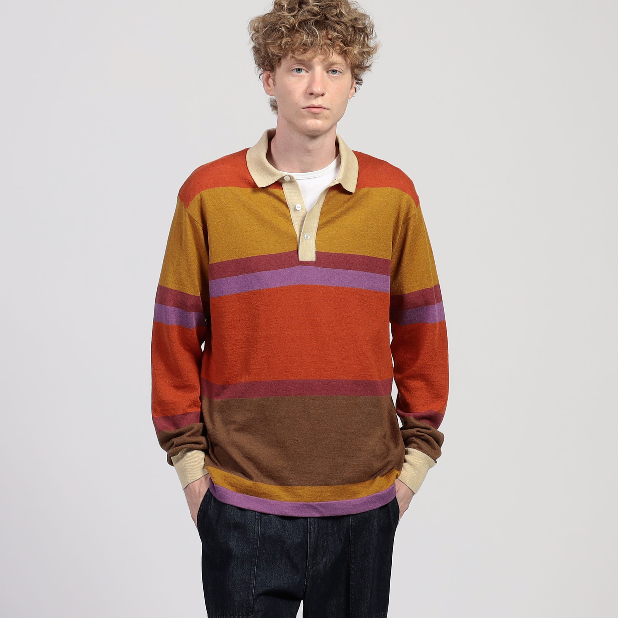 Drake's STRIPED KNITTED RUGBY コットンリネン ラグビーポロシャツ
