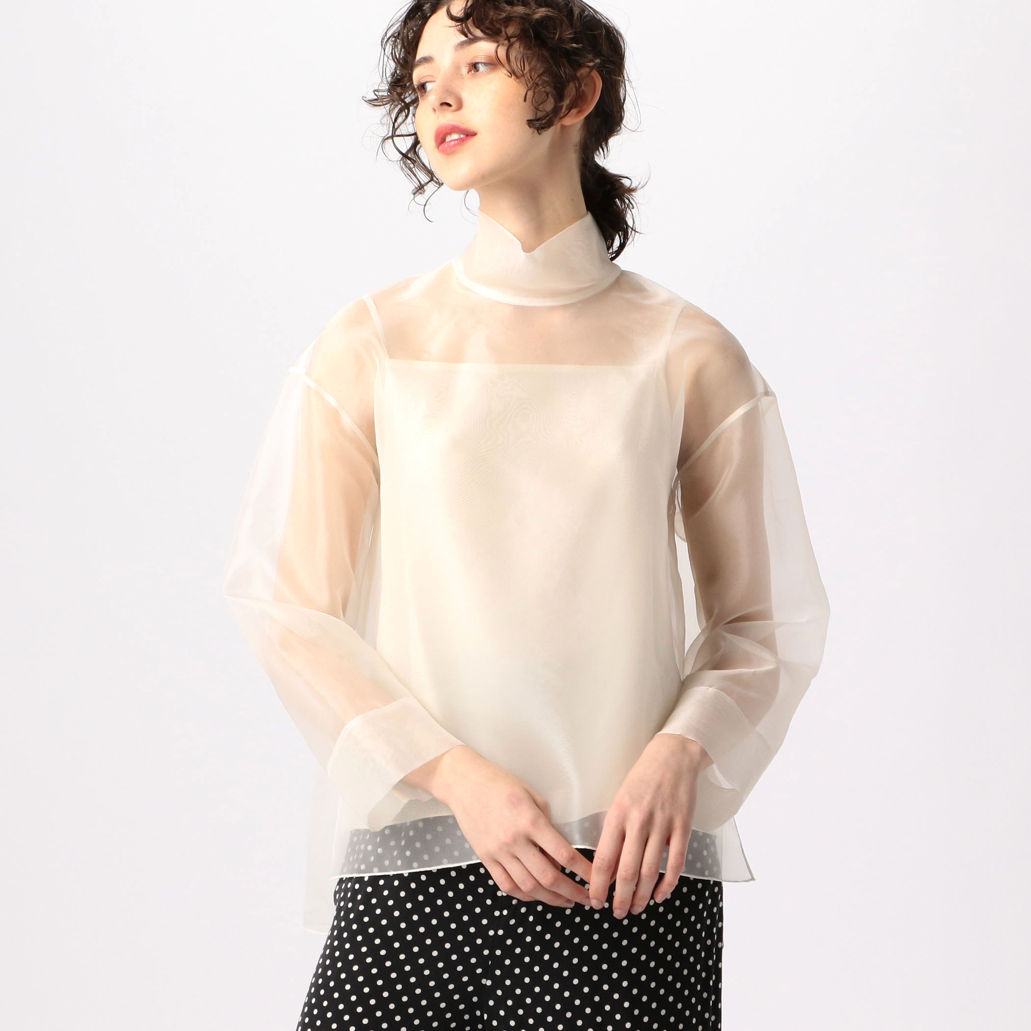 #Newans◆ドローストリングハイネックブラウス/1/ポリエステル/BEG/BLNENM0334 Newans ドローストリングハイネックブラウス/1/ポリエステル/BEG