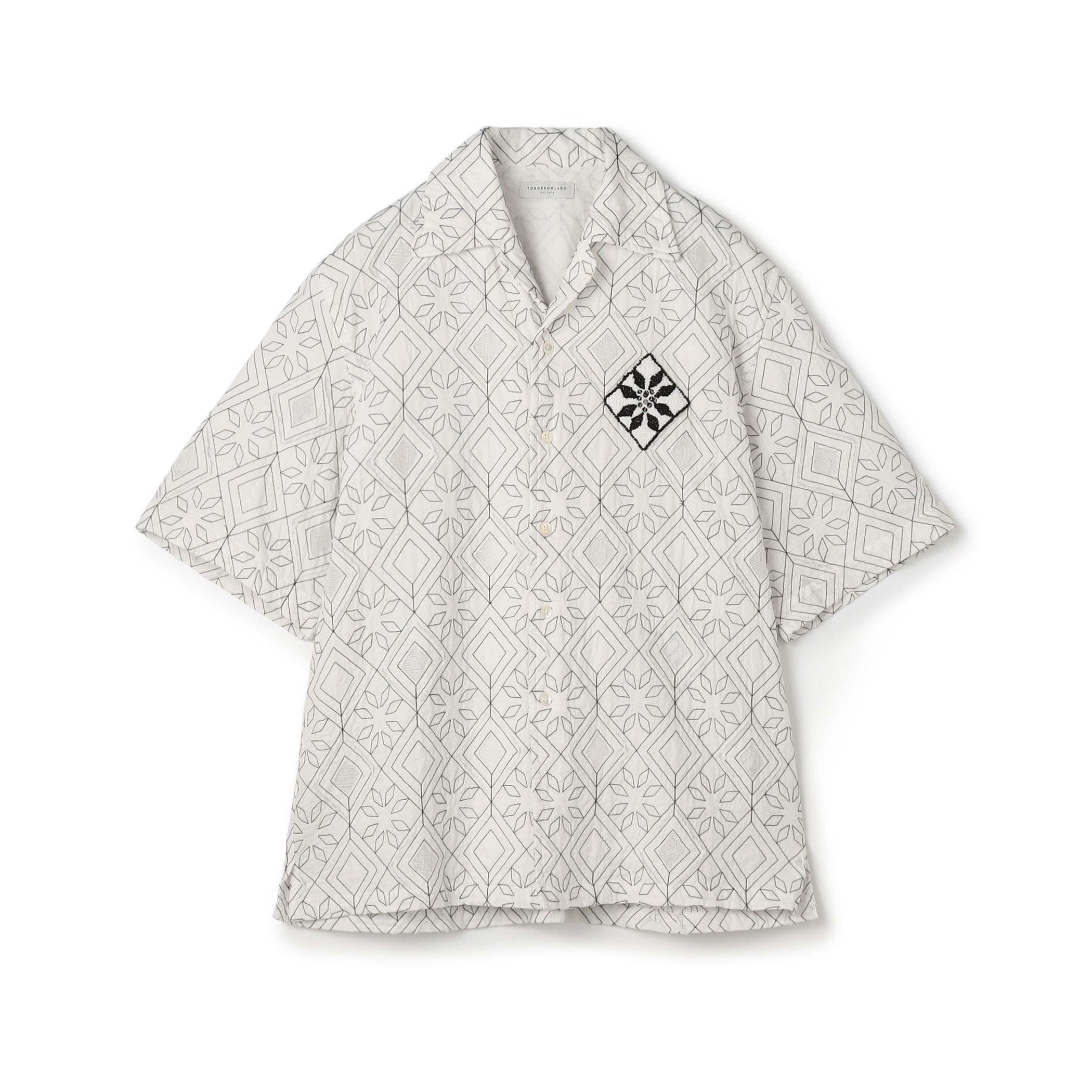 コットンローン刺繍ステッチ オープンカラーハーフスリーブシャツ