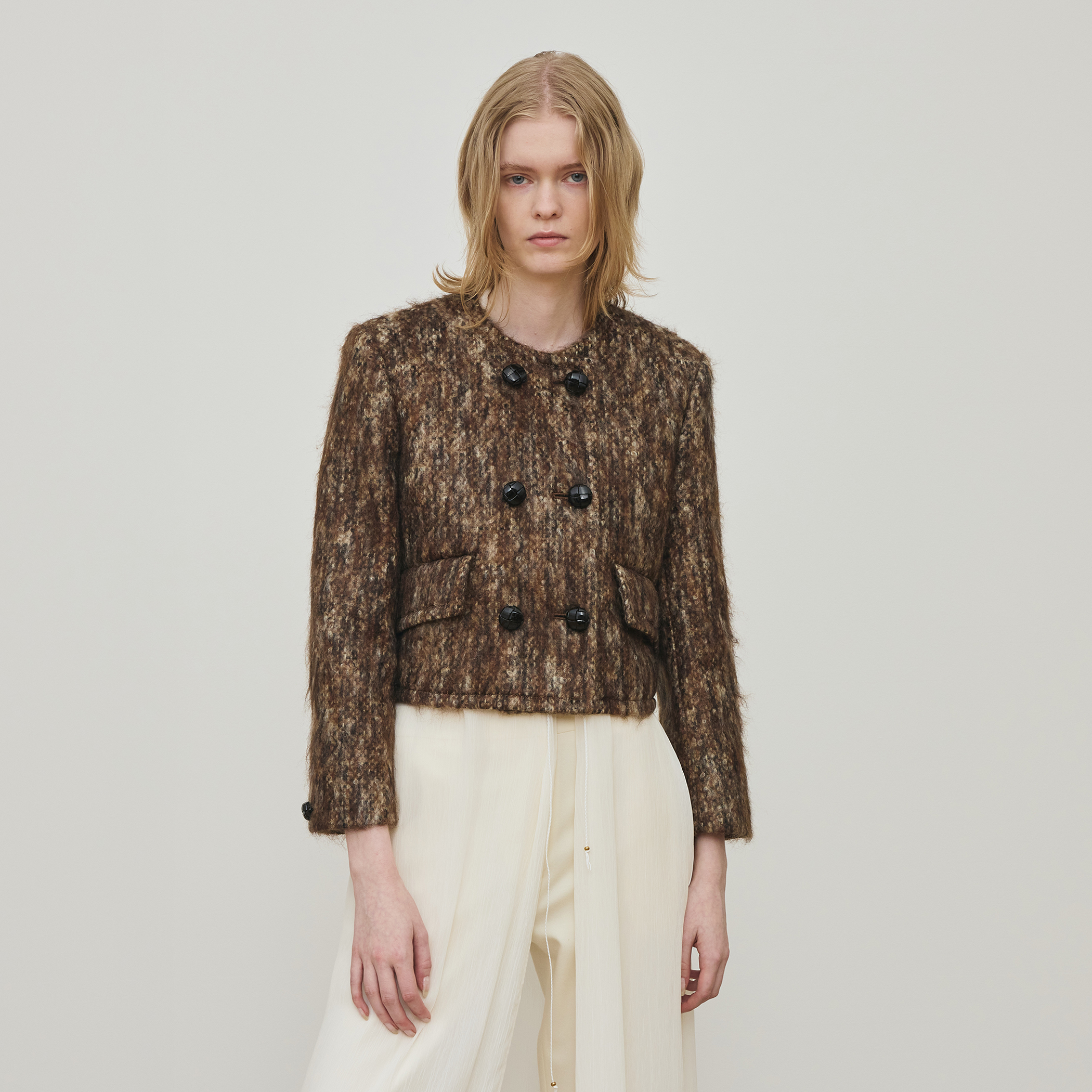 ループヤーンツイード ダブルブレスレッド ノーカラージャケット