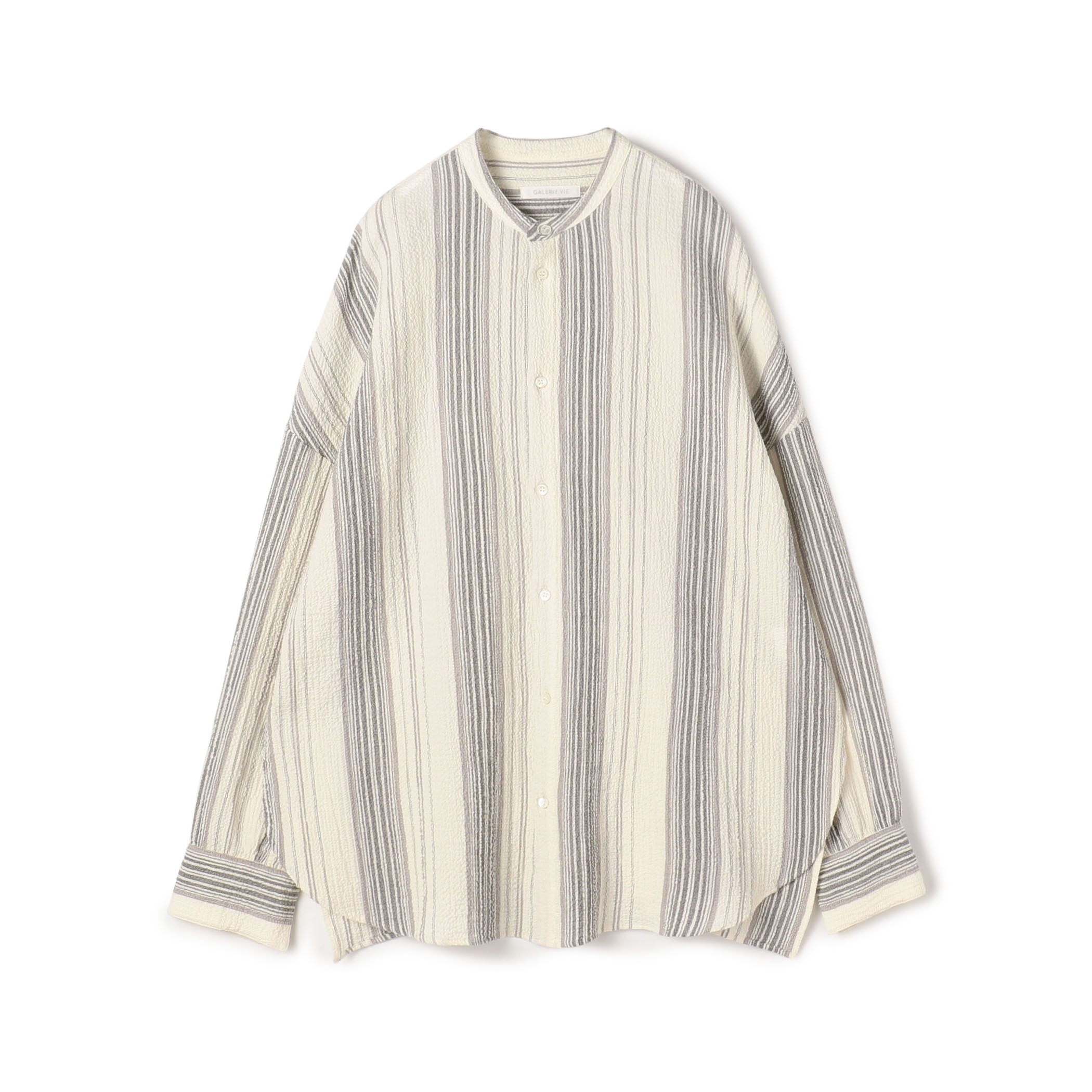 エアリーサッカー スタンドカラーロングシャツ