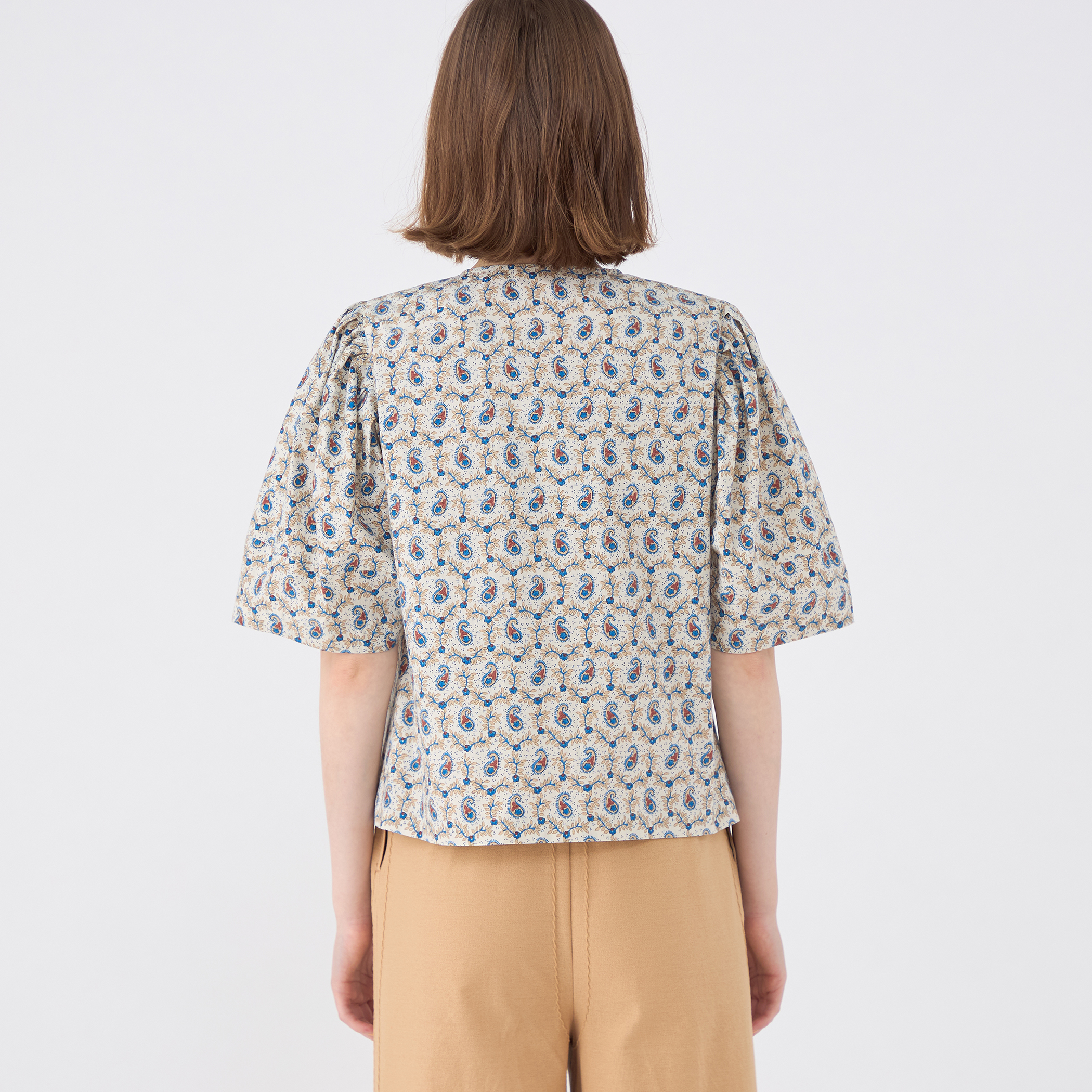 SOULEIADO◆24SS/コットンラミープリント フレアスリーブブラウス/36/コットン/GRN/75-01-42-01604 コットンラミープリント フレアスリーブブラウス