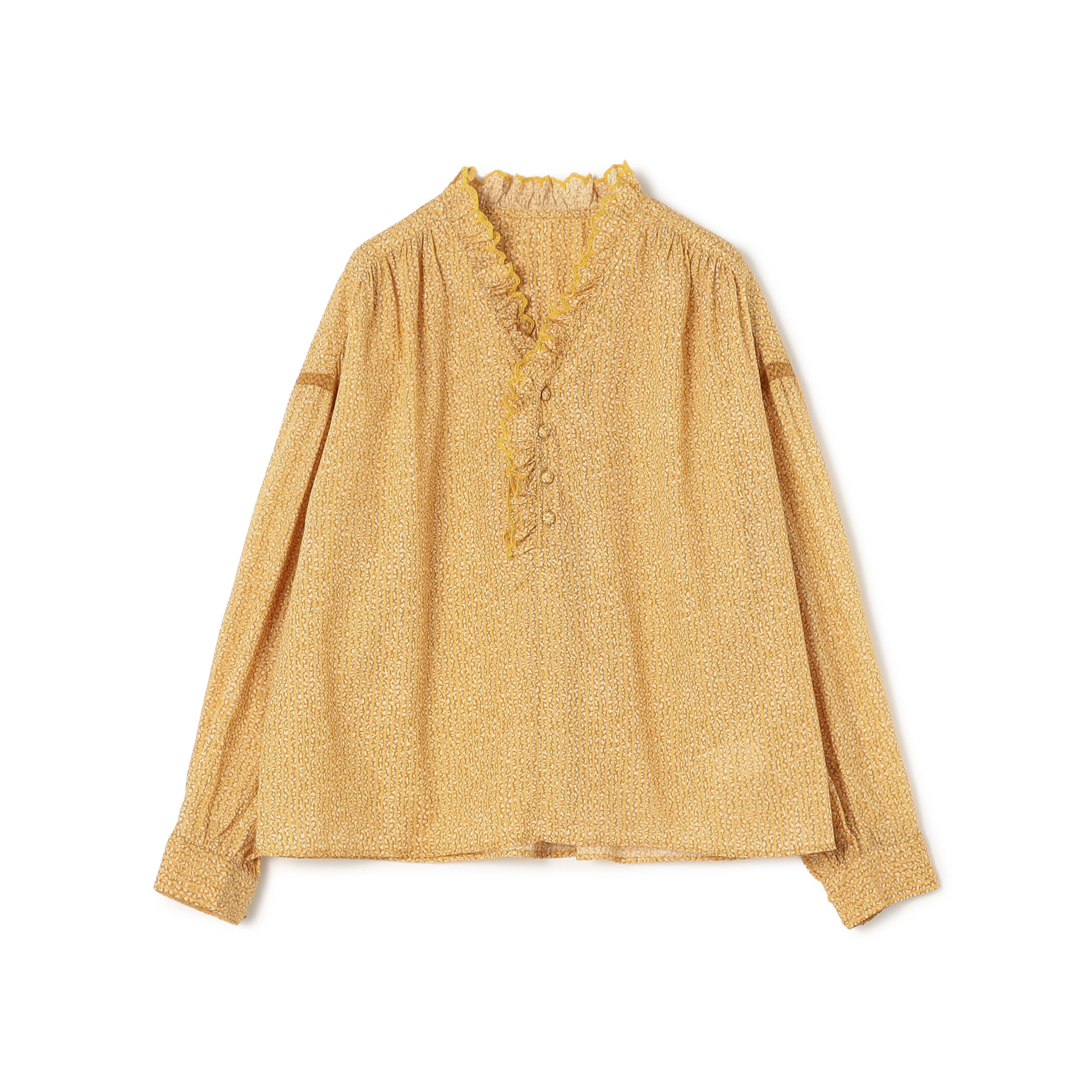 コットンレーヨンプリント スタンドフリルブラウス