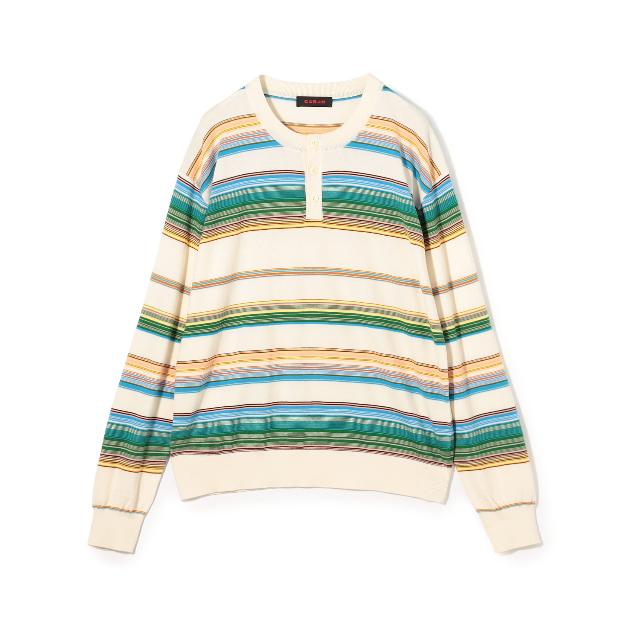 コットンカシミヤ マルチボーダーヘンリーネックプルオーバー