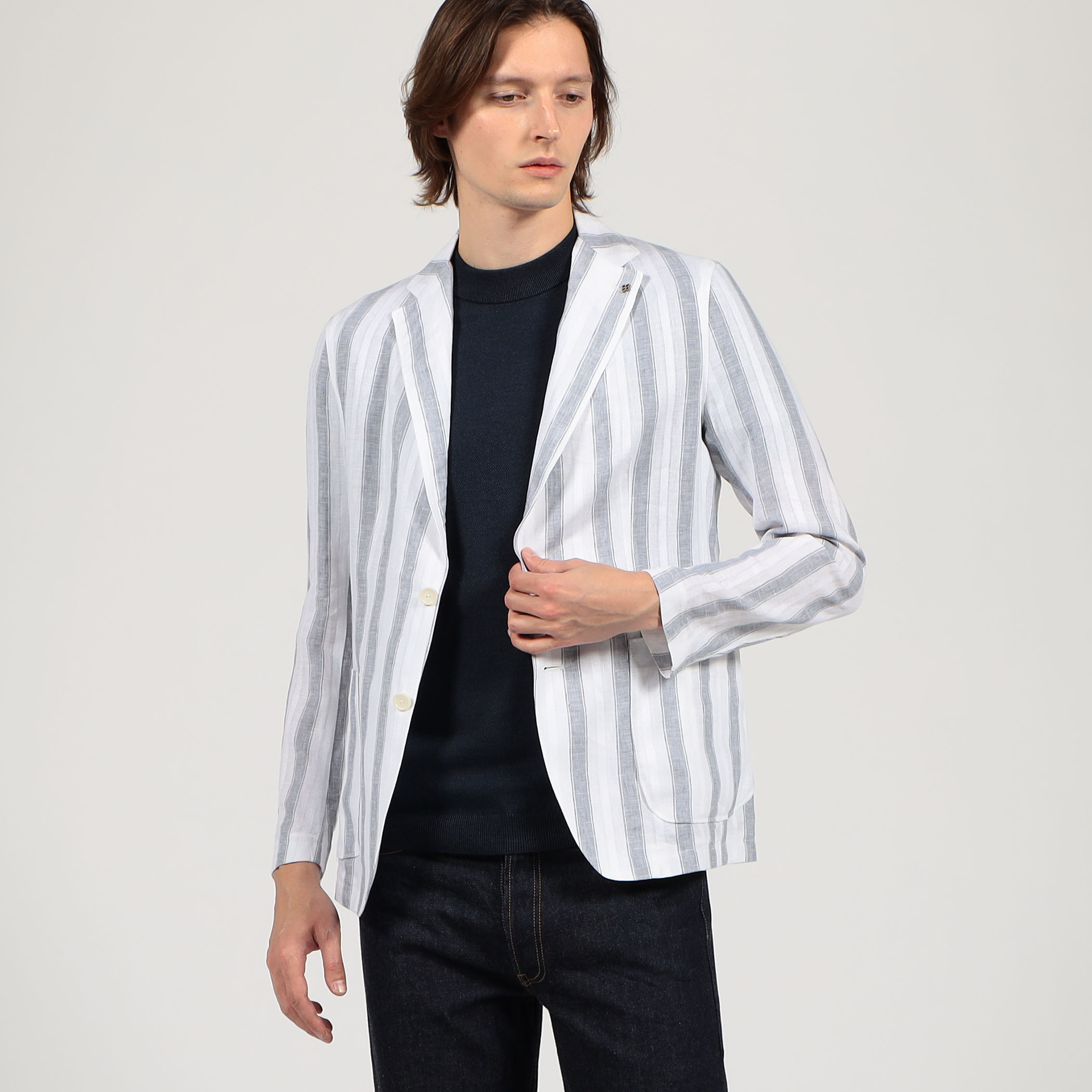 TAGLIATORE G-LIGHT12K ストライプリネン シングルブレステッド2B