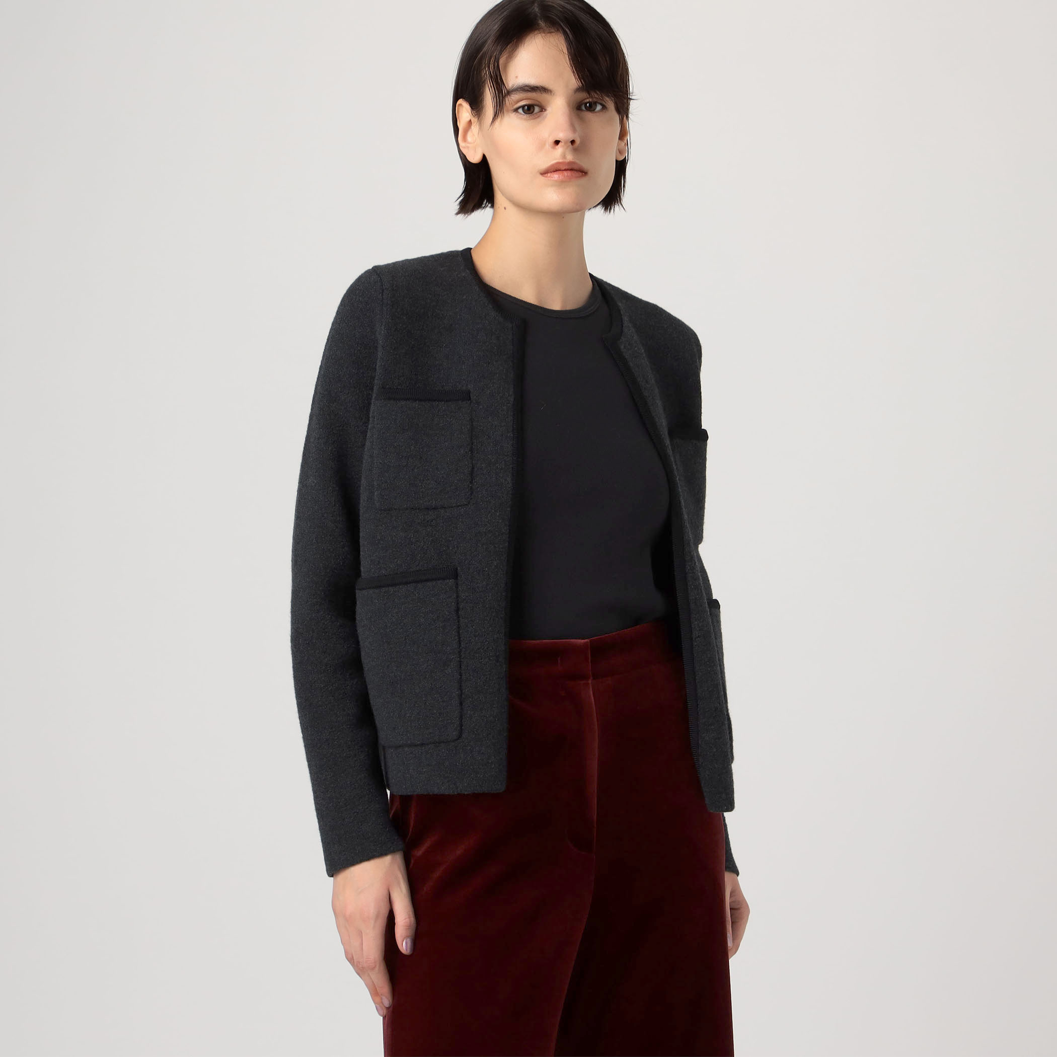 ウールナイロンブークレーフロントオープンカー ディガン ブラック 黒