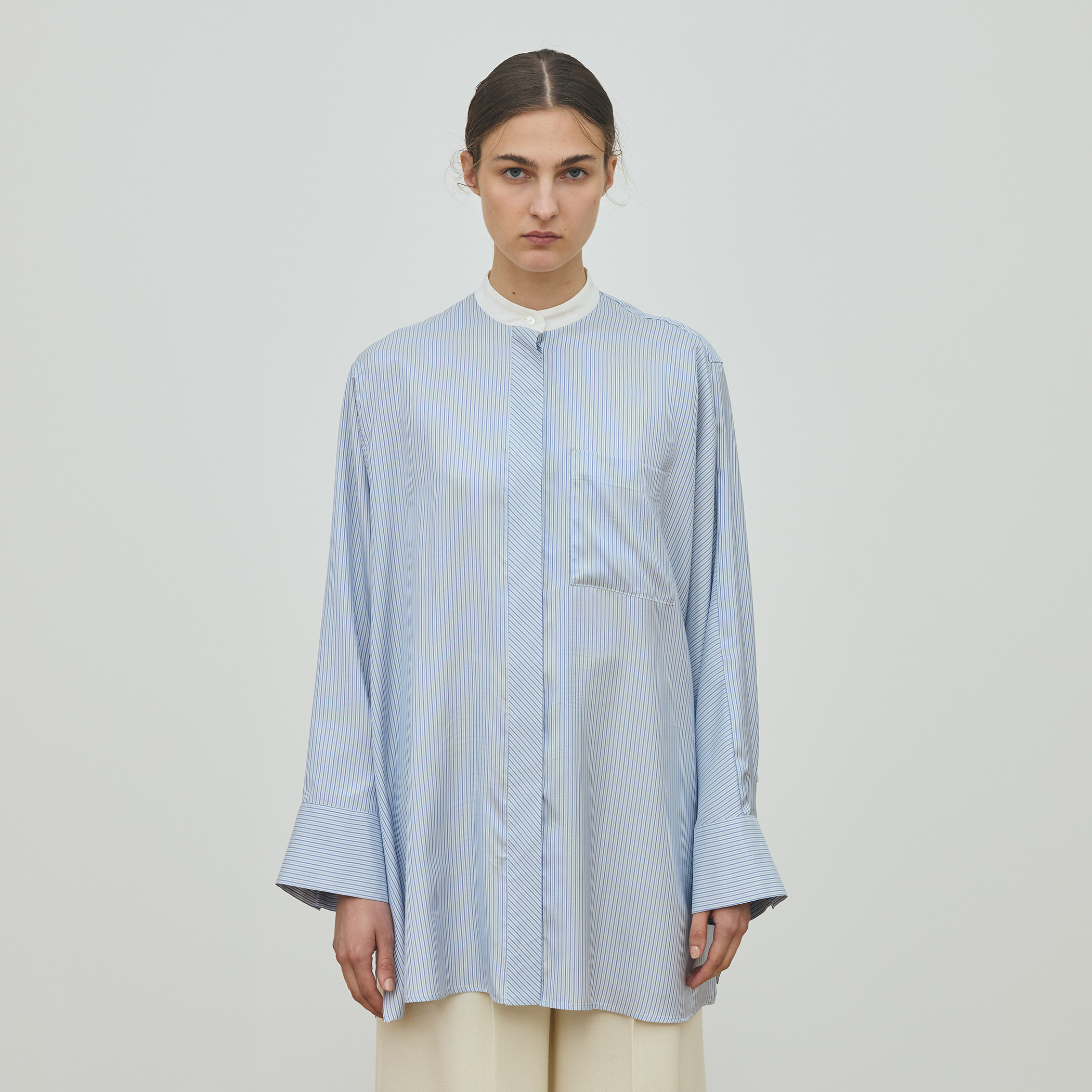 美品　BLAMINK　コットンシルク　バンドカラー　ストライプ　シルク　シャツ コットンシルクストライプバンドカラーシャツ | BLAMINK (Women