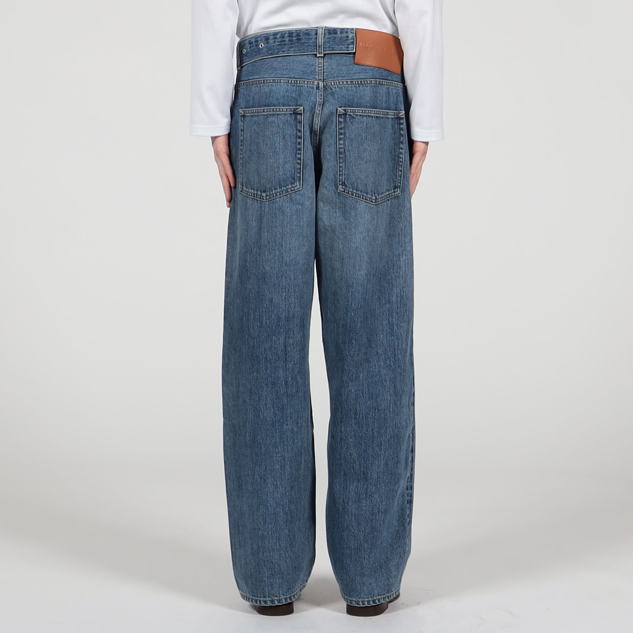 JIL SANDER☆ブループリーツジーンズ コットンデニム レザーロゴ ○JIL SANDER DENIM TROUSERS ベルテッドデニム
