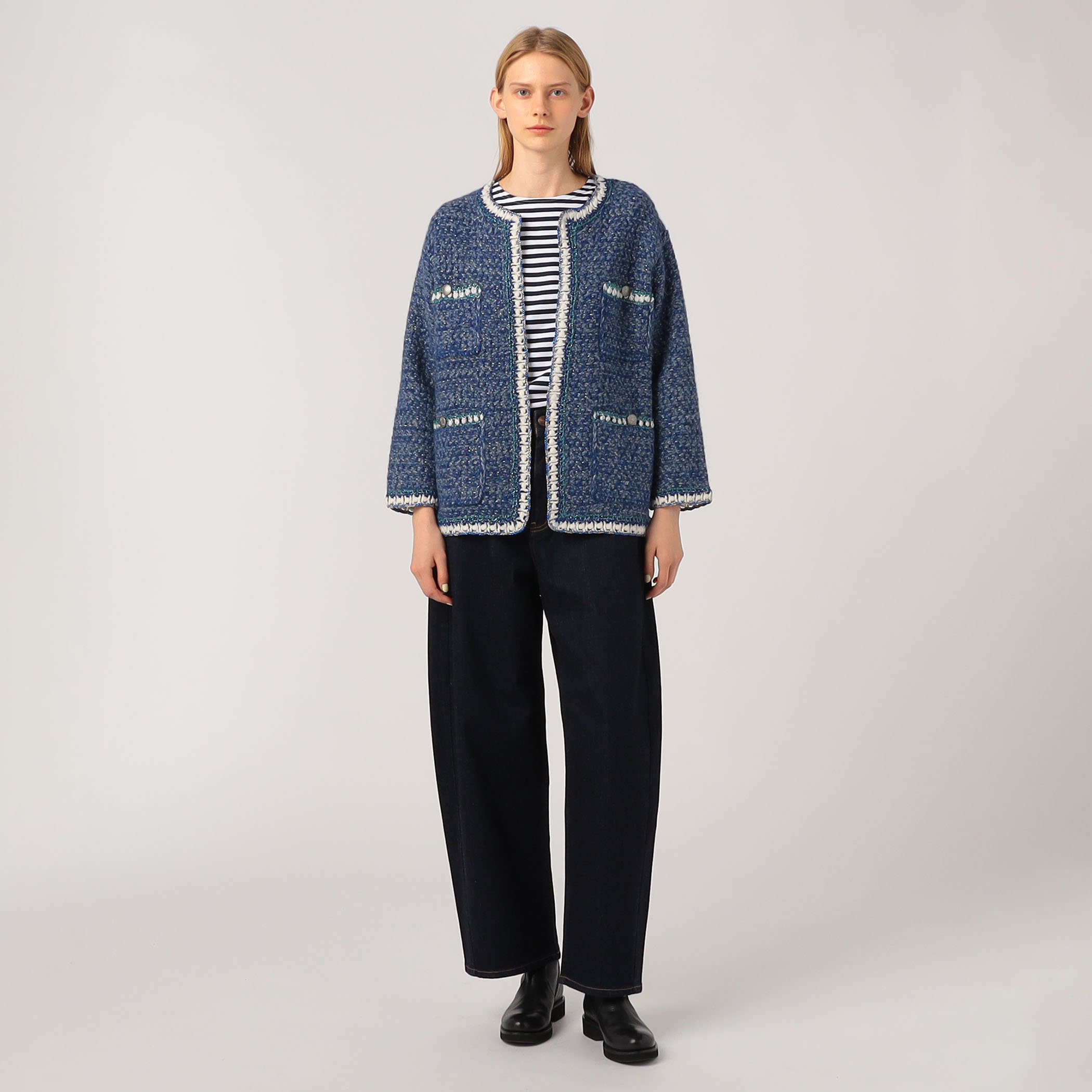 スナイデル　ラメツイードニットカーディガン　サックスブルー スナイデル ラメツイードニットカーディガン サックスブルー SNIDEL