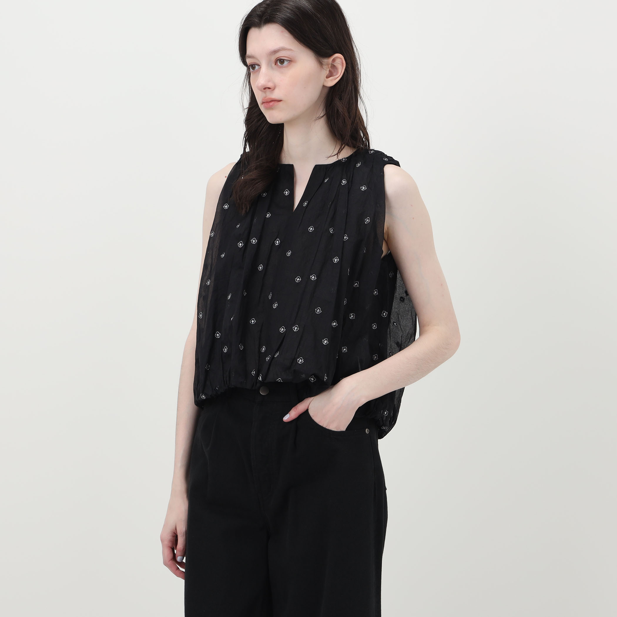 別注】ne Quittez pas BLACK DOUBLE ORGANZA ノースリーブ トップス 