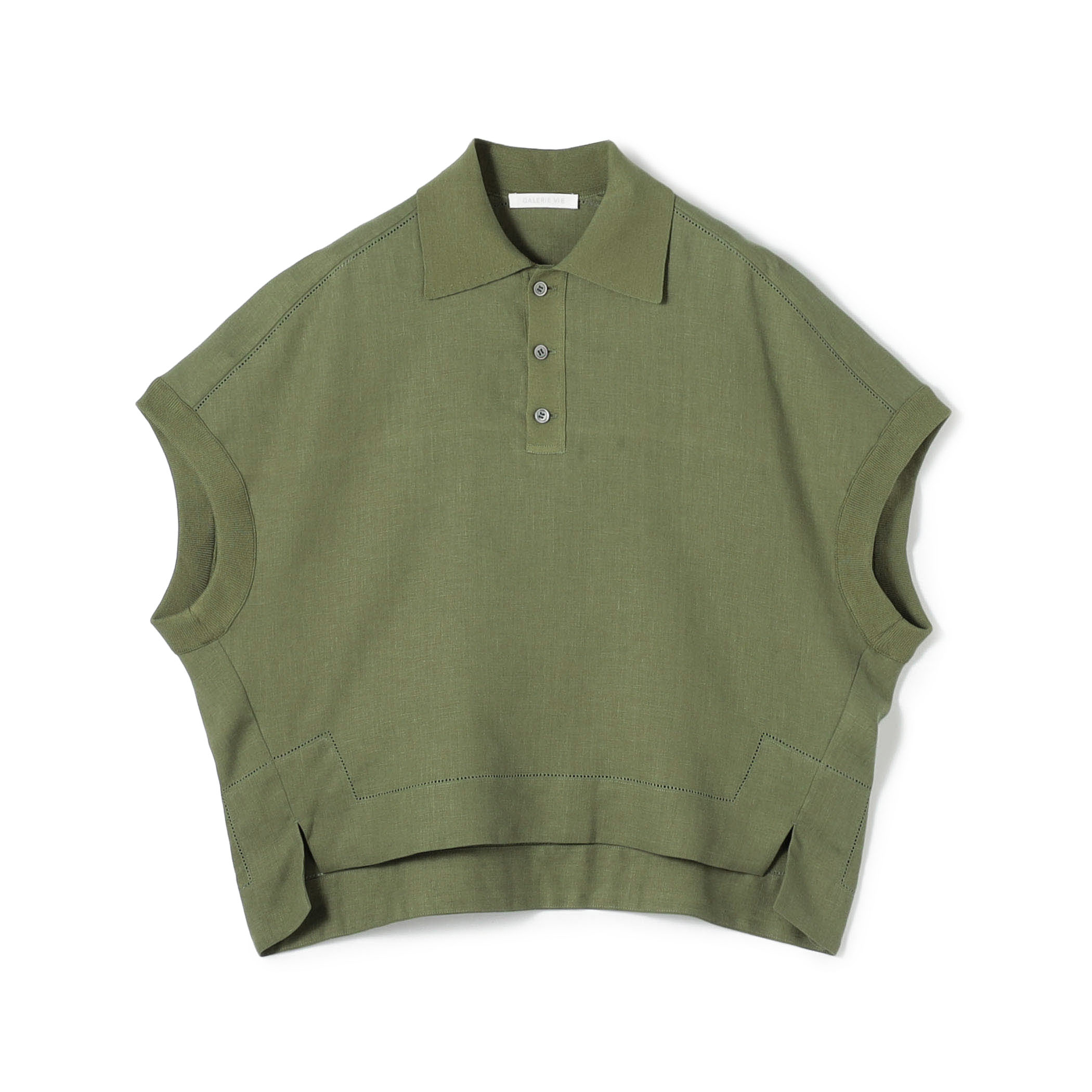 リブコンビフレンチリネン ポロカラーブラウス