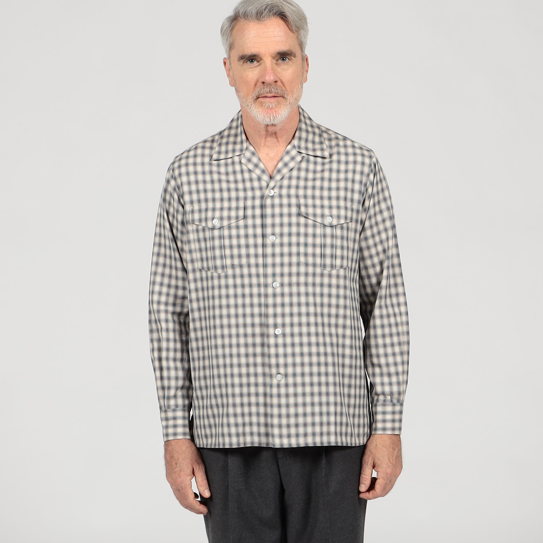 コットンオンブレーチェック ダブルポケットオープンカラーシャツ