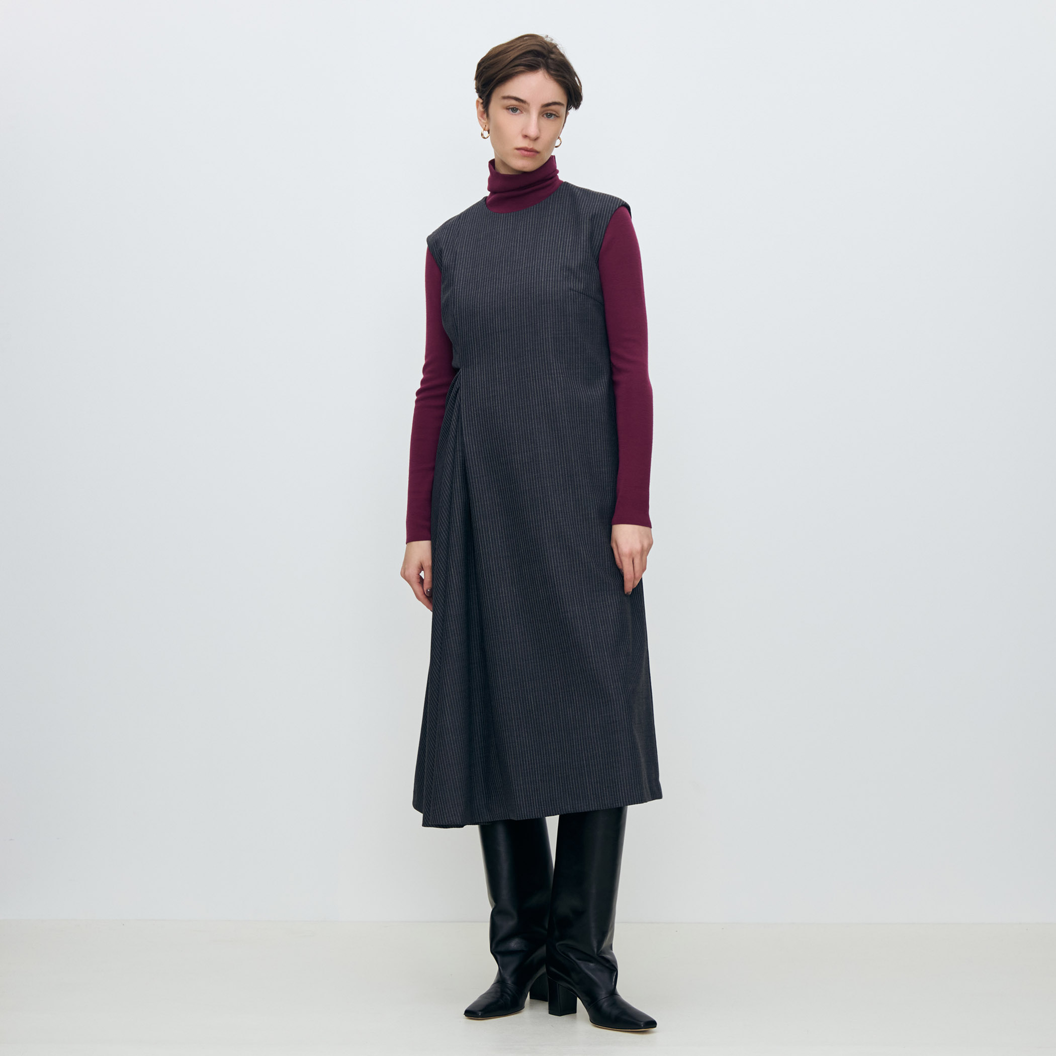 シングルトラックストライプ アシンメトリードレープワンピース