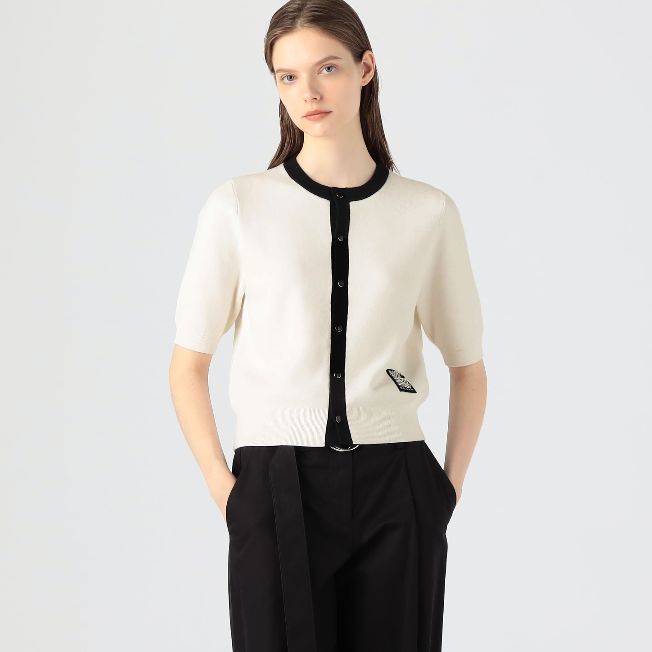 美品✨キャバン クルーネックハーフスリーブカーディガン フリー 白 バイカラー コットンカシミヤ バイカラーハーフスリーブカーディガン