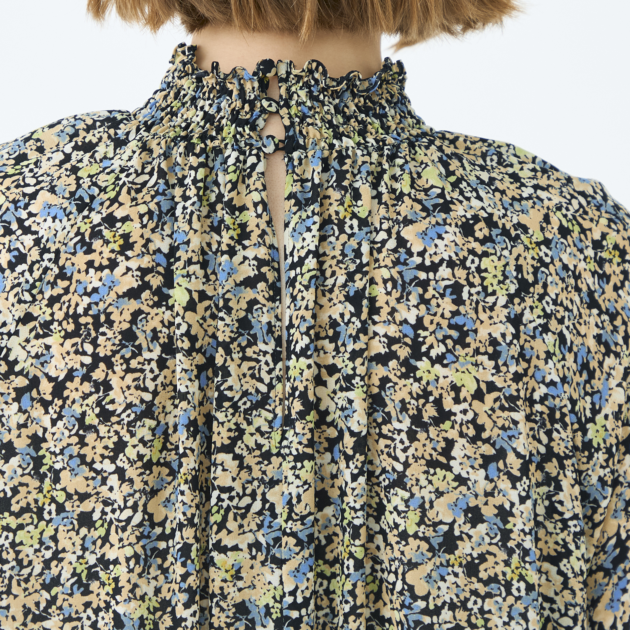 ブローフラワープリント シャーリングロングワンピース