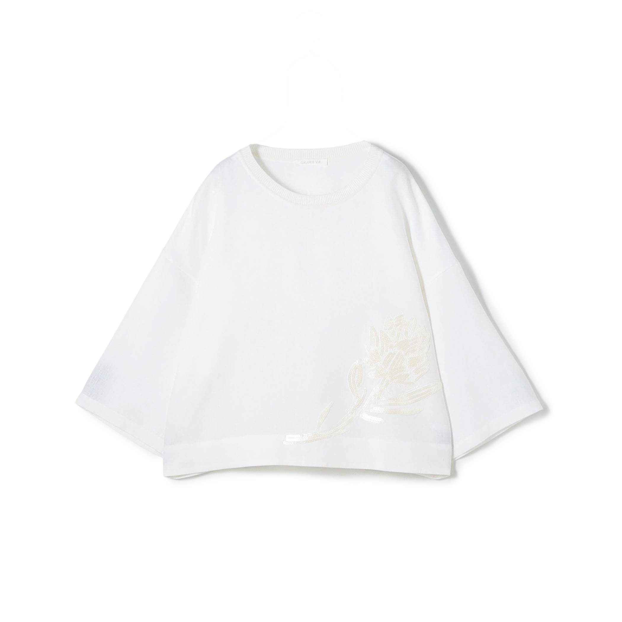 リブコンビフレンチリネンエンブロイダリー クルーネックブラウス