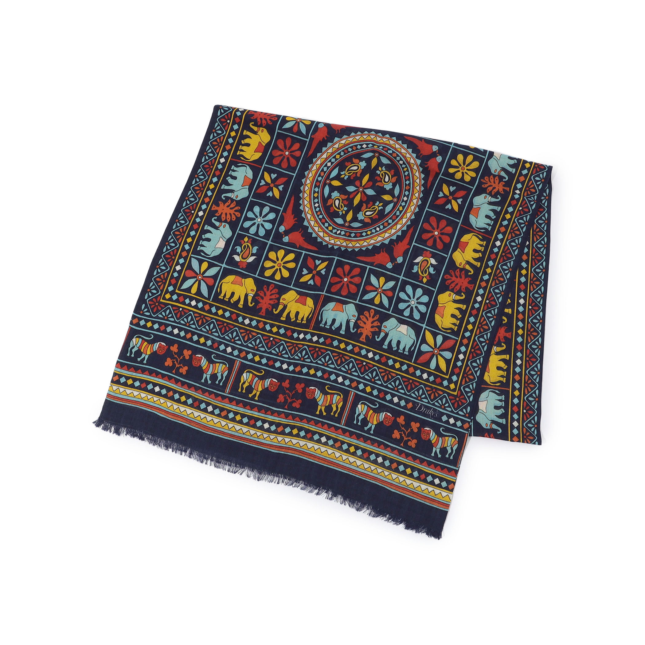 Drake's ELEPHANTS AND FLOWERS PRINT SCARF ウールシルクプリント