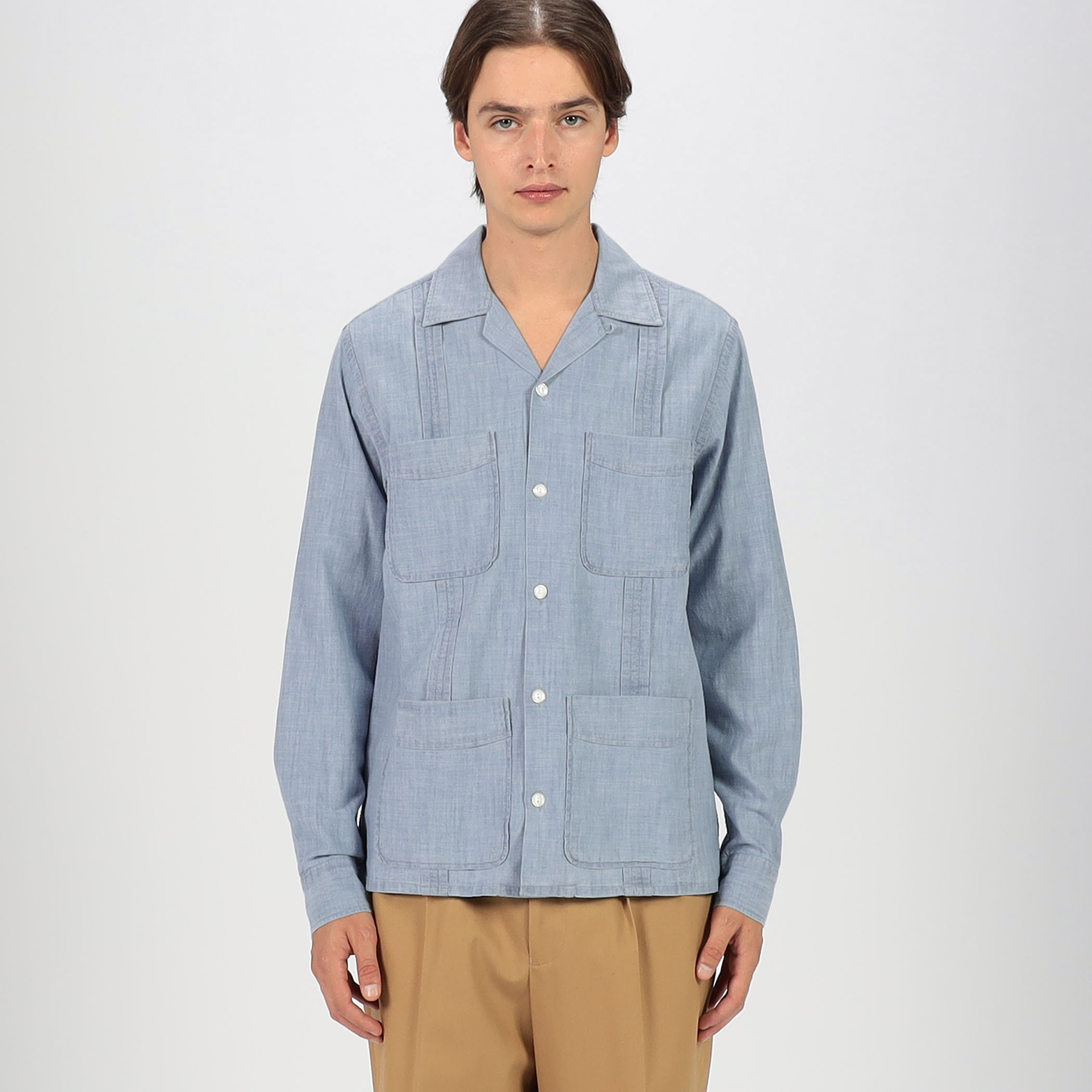 ドレイクス　シャンブレーシャツ　イギリス製 Drake's コットンシャンブレー オープンカラーシャツ