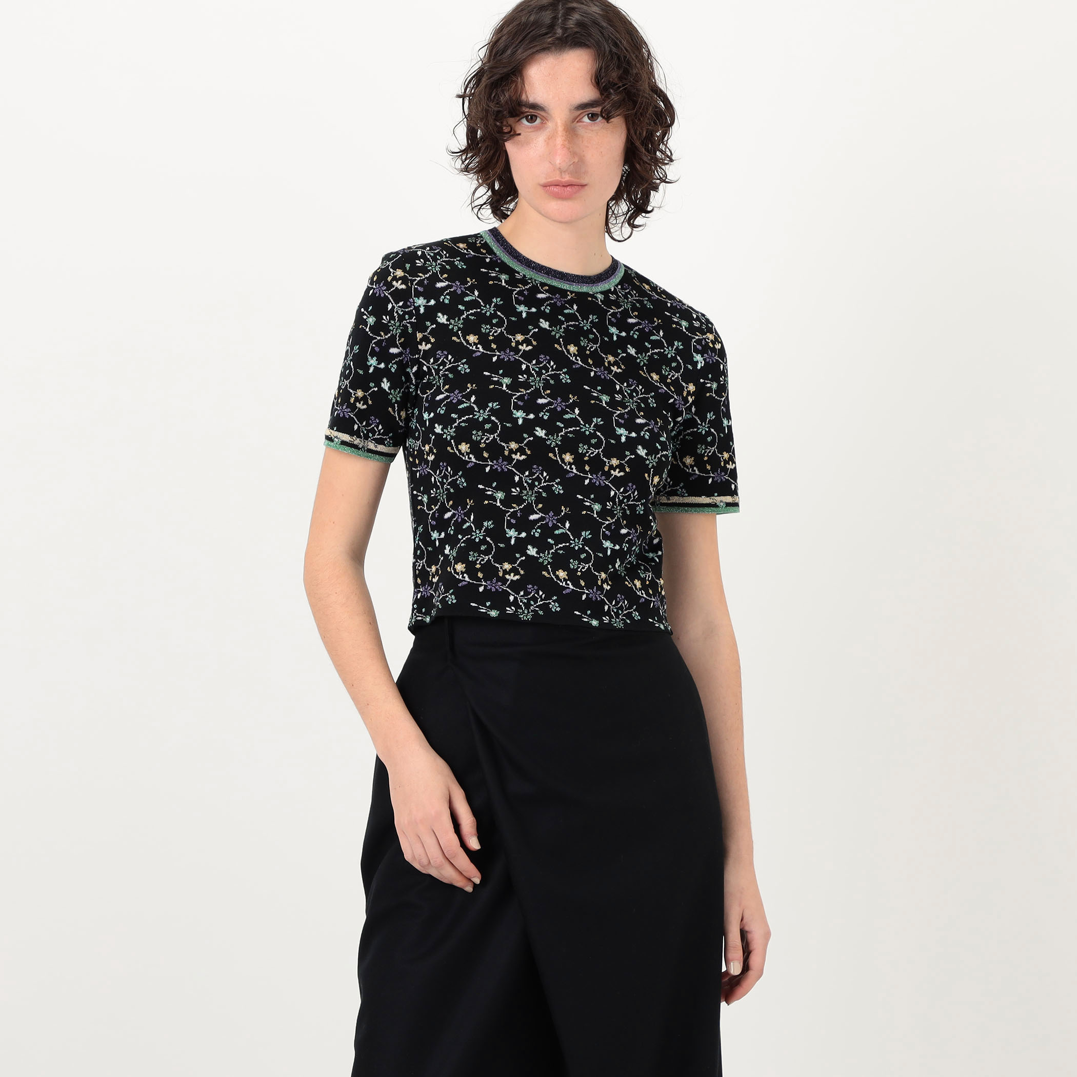 Mame Kurogouchi Floral Motif Glitter Short Sleeve Knit Top