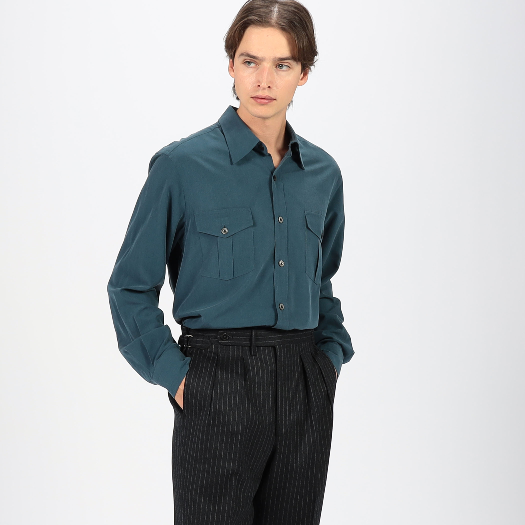 シルクタフタ ダブルポケット レギュラーカラーシャツ