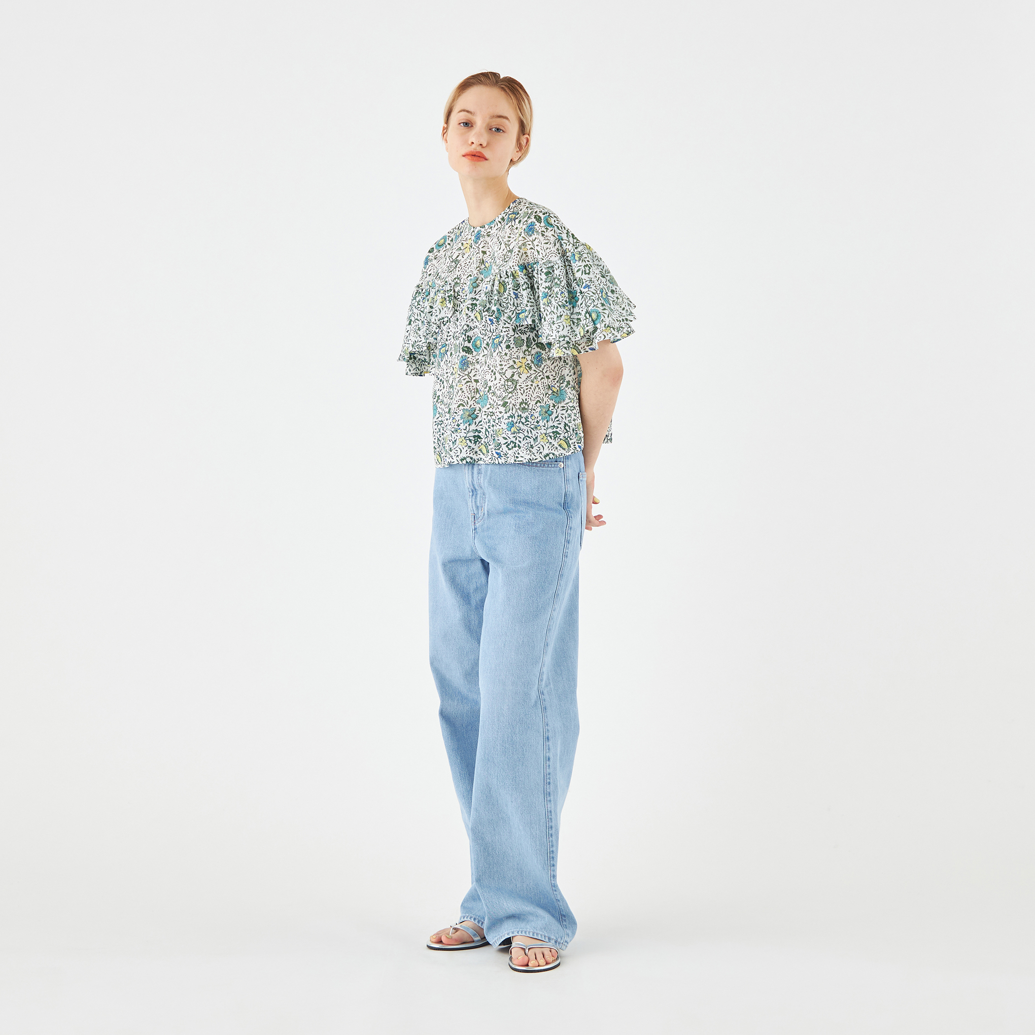 SOULEIADO◆24SS/コットンラミープリント フレアスリーブブラウス/36/コットン/GRN/75-01-42-01604 コットンボイルプリント ノースリーブブラウス