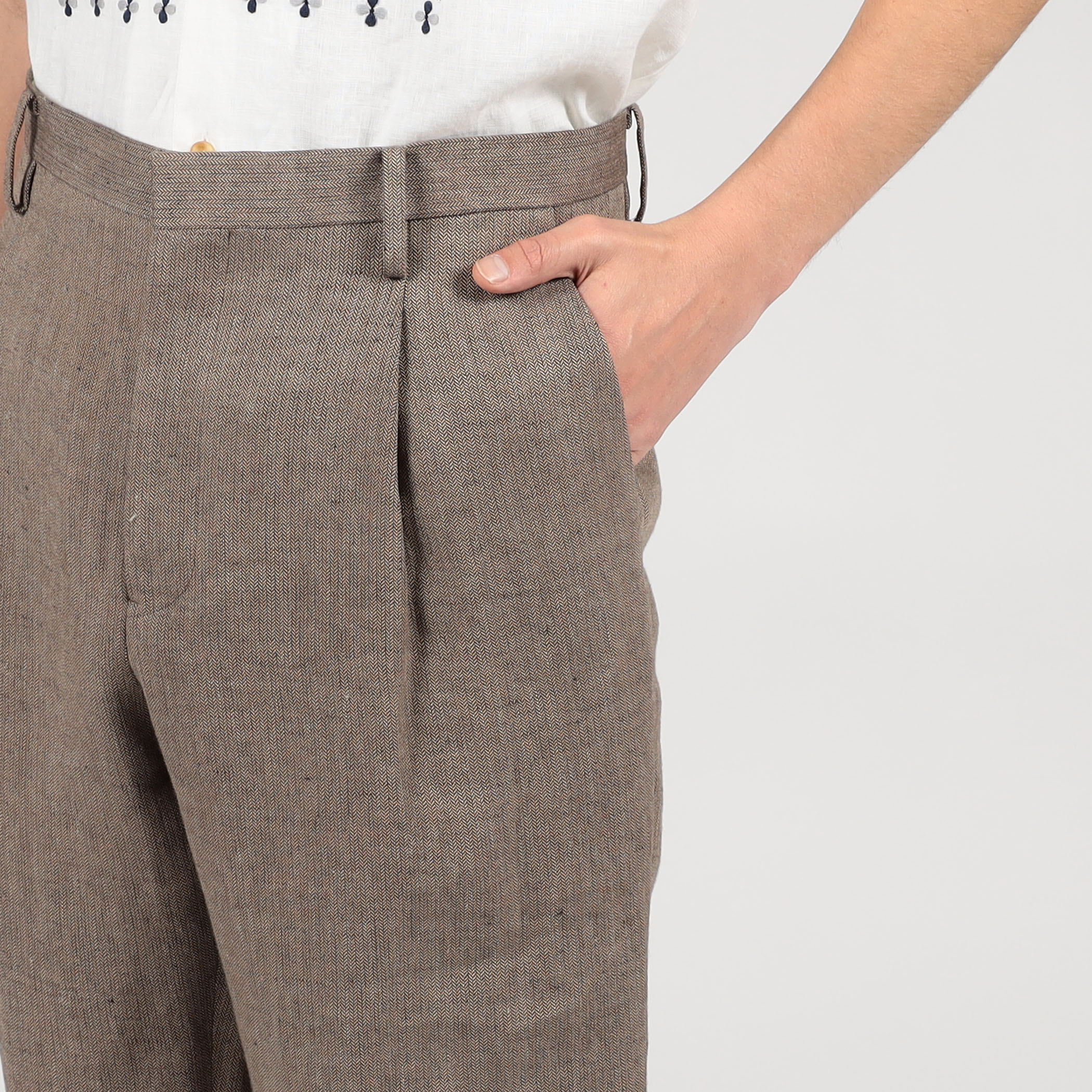 リネン ヘリンボーン 1プリーツテーパードスラックス