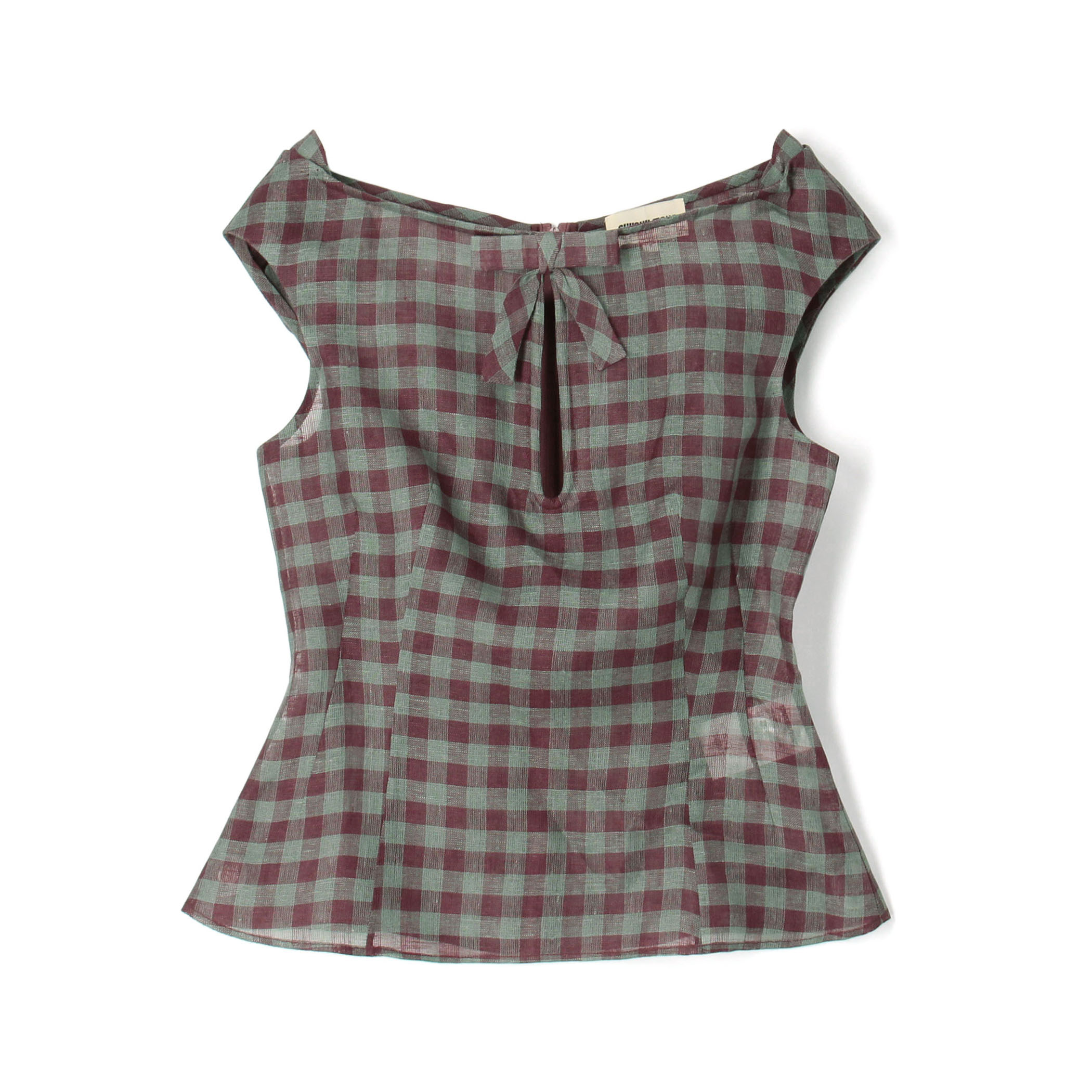 SHUSHU/TONG Keyhole Crop Top リネン チェックブラウス
