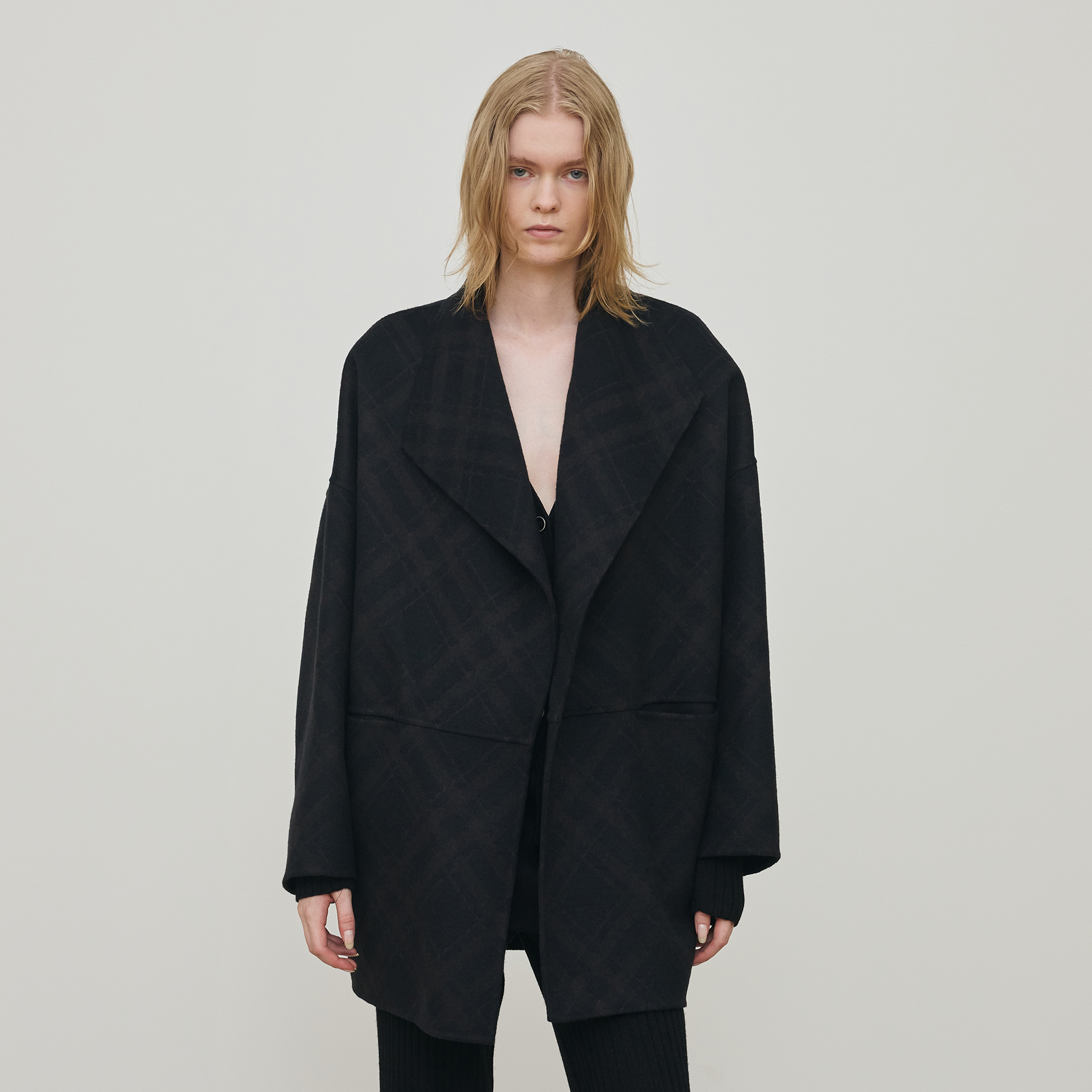 ダブルフェイスチェックジャガード ウィングカラーコート