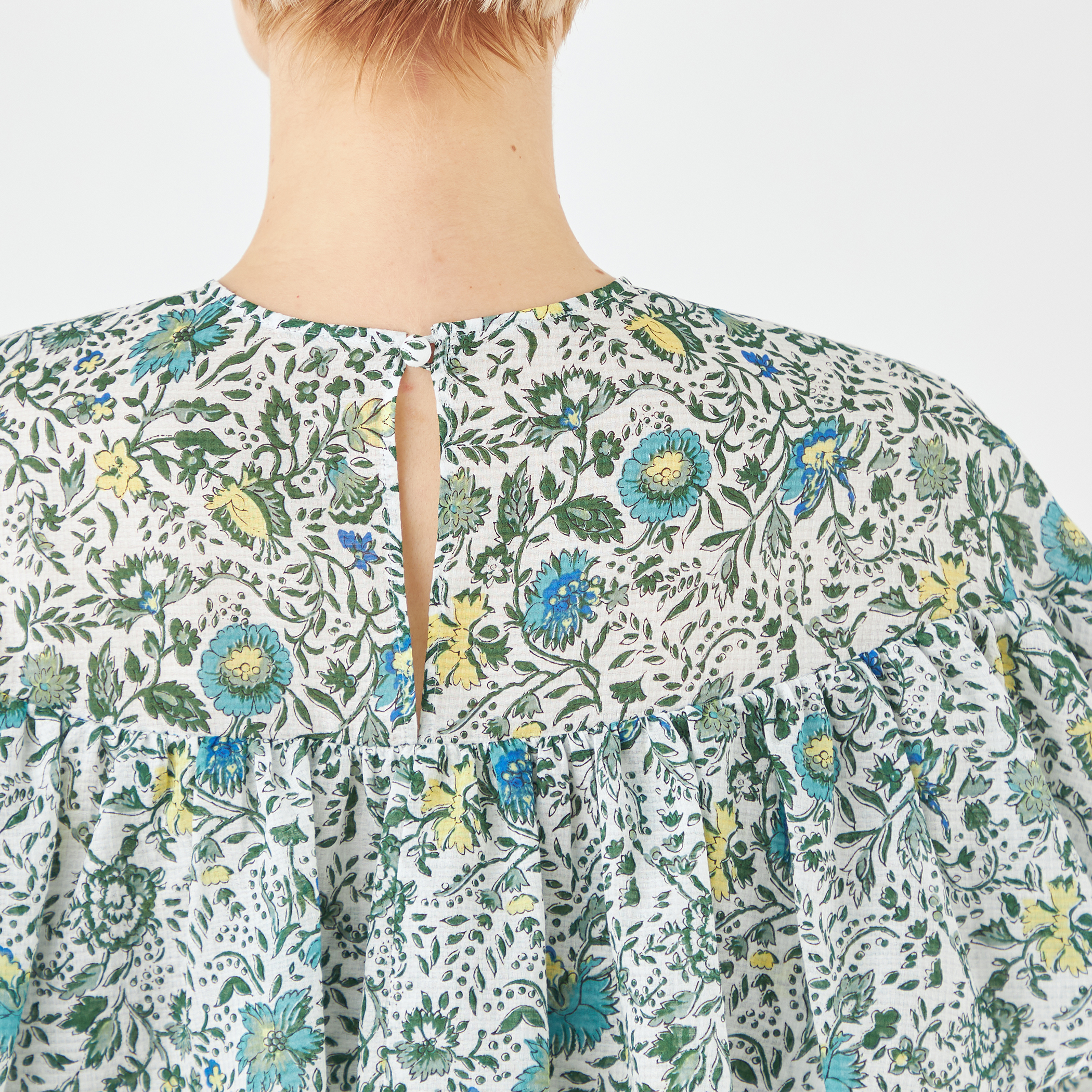SOULEIADO◆24SS/コットンラミープリント フレアスリーブブラウス/36/コットン/GRN/75-01-42-01604 コットンポリエステルプリント レイヤードブラウス