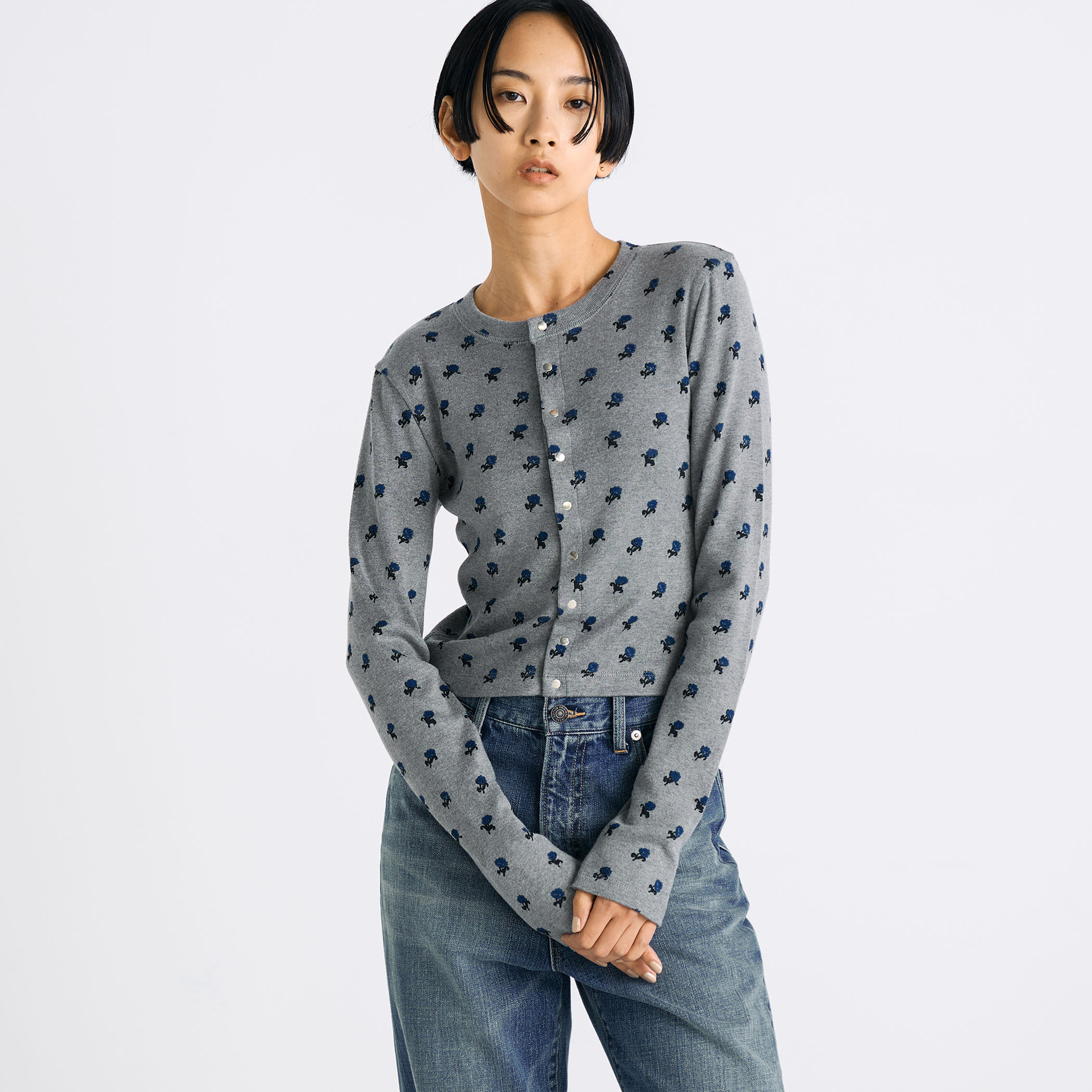 コットンモダールフライス フラワープリント カーディガン