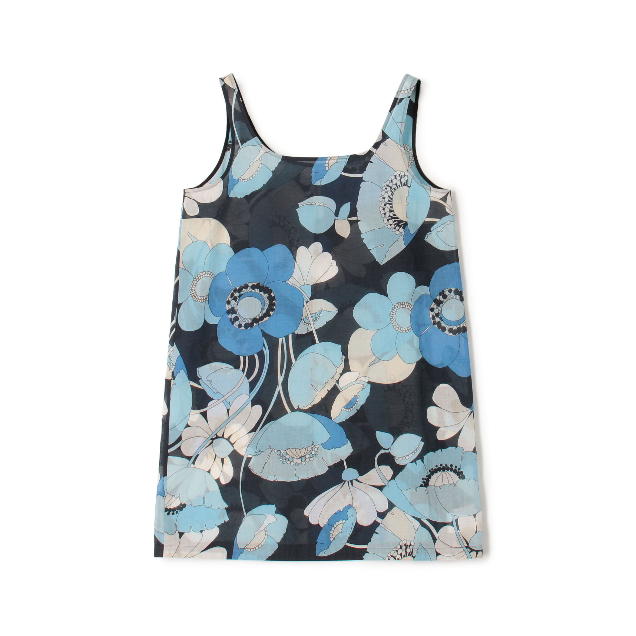 ブルーフラワープリント チュニックノースリーブブラウス