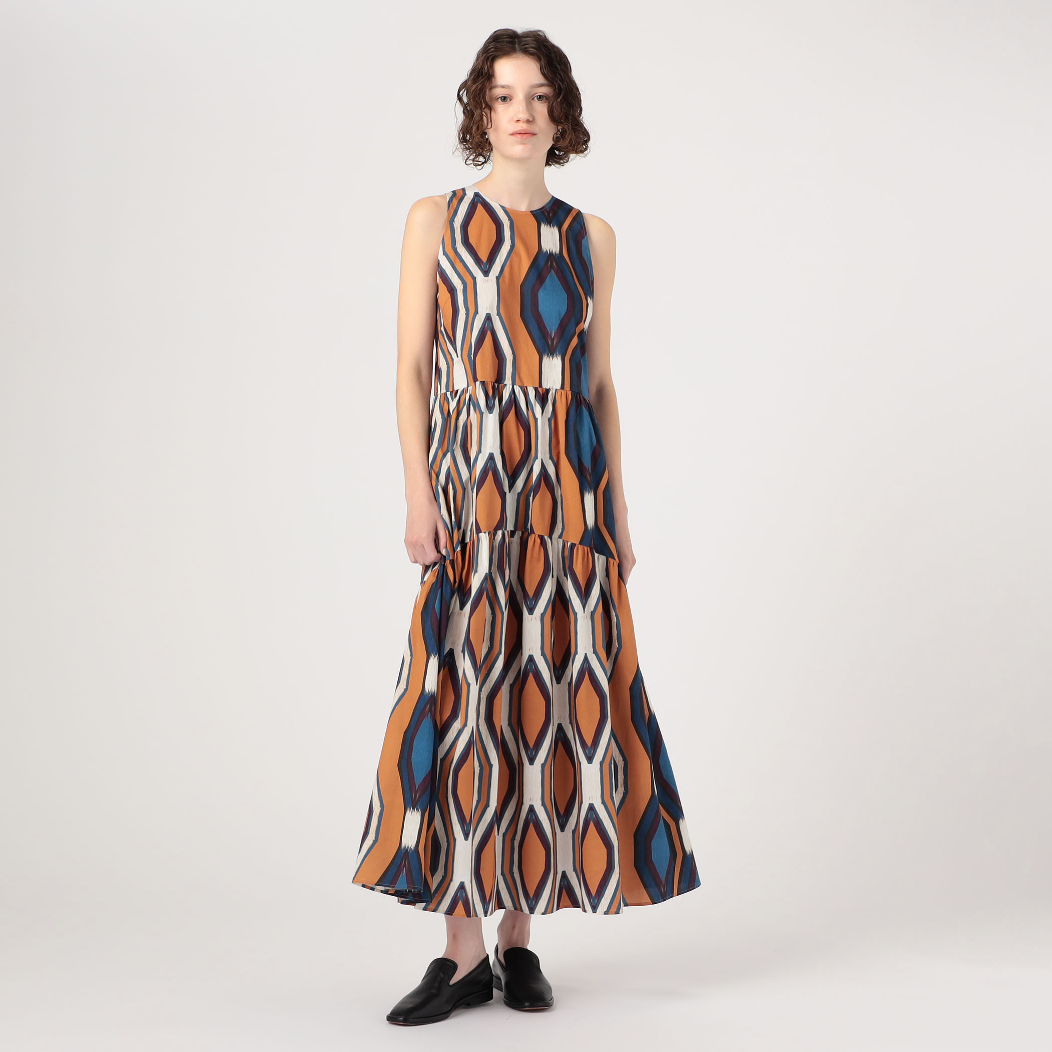 □コットンストレッチ トライバルプリントロングワンピース