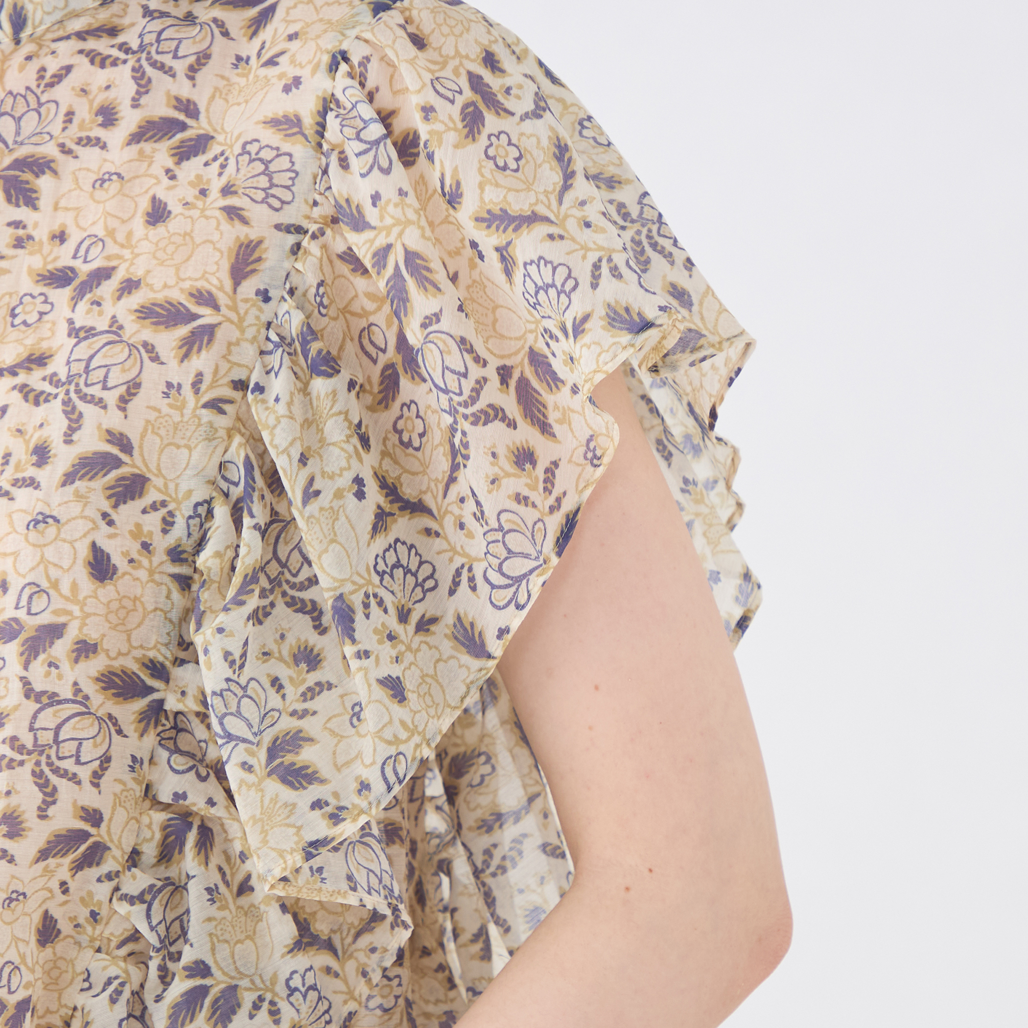 コットンポリエステルプリント バタフライスリーブブラウス