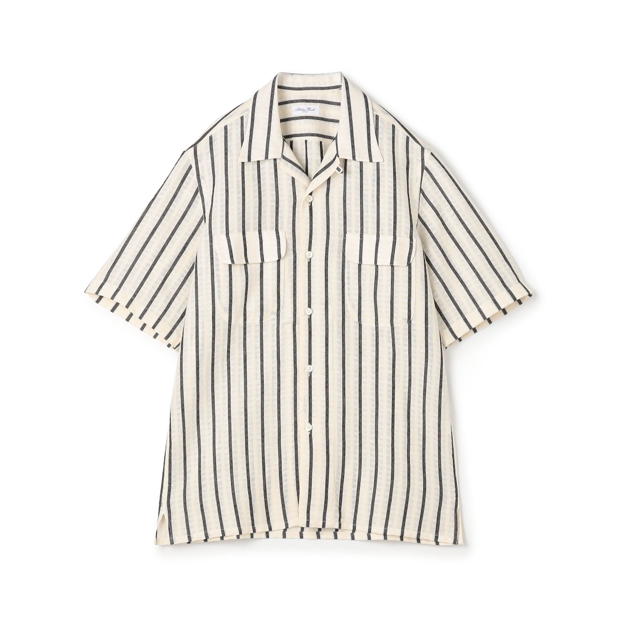 【別注】Salbatore Piccolo BRYAN コットンリネンストライプ オープンカラー ハーフスリーブシャツ