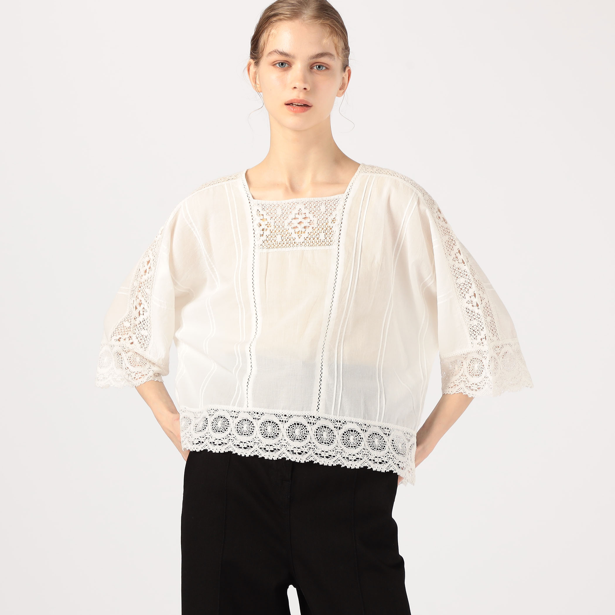 ne Quittez pas CAMBRIC コットンレース プルオーバーブラウス