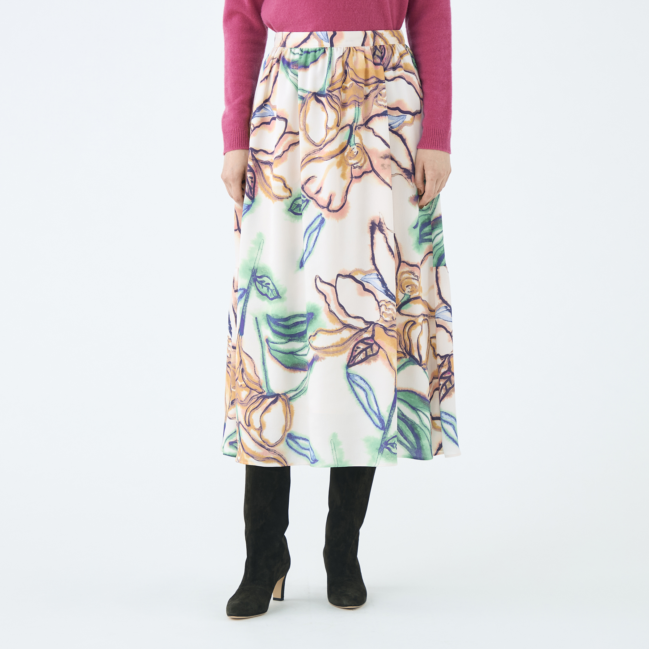 ドゥードルフラワープリント ロングギャザースカート