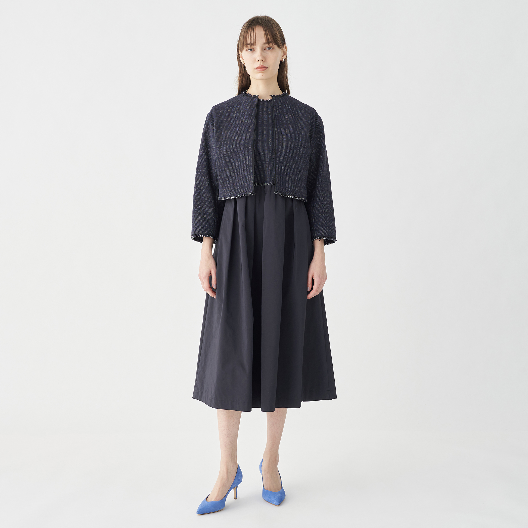 ロングスラブツイード マテリアルコンビワンピース｜トゥモローランド